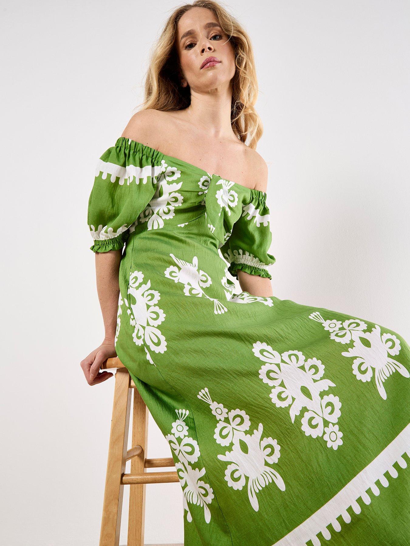 Apricot Floral Vases Milkmaid Midi Dress - Green | Very