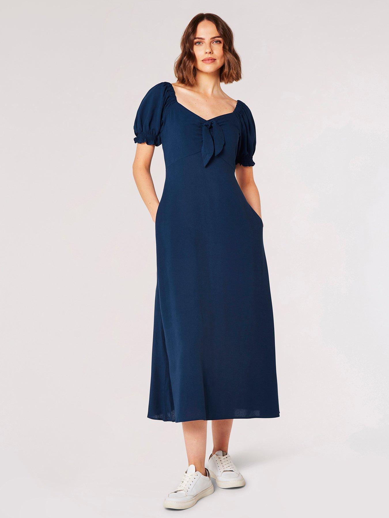 undefined Tie Detail Milkmaid Midaxi Dress - Blue