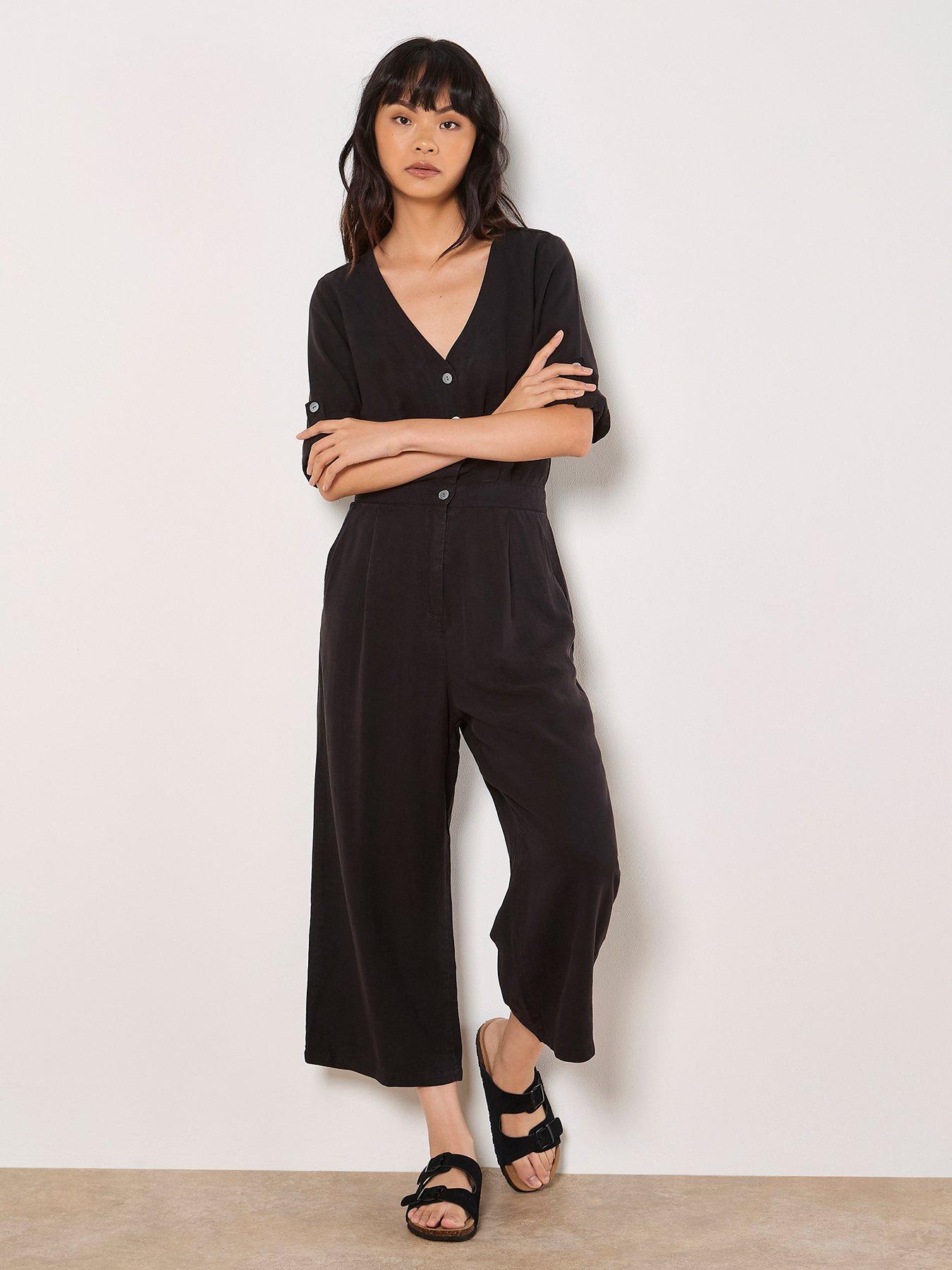 undefined V Neck Cropped Jumpsuit - Black