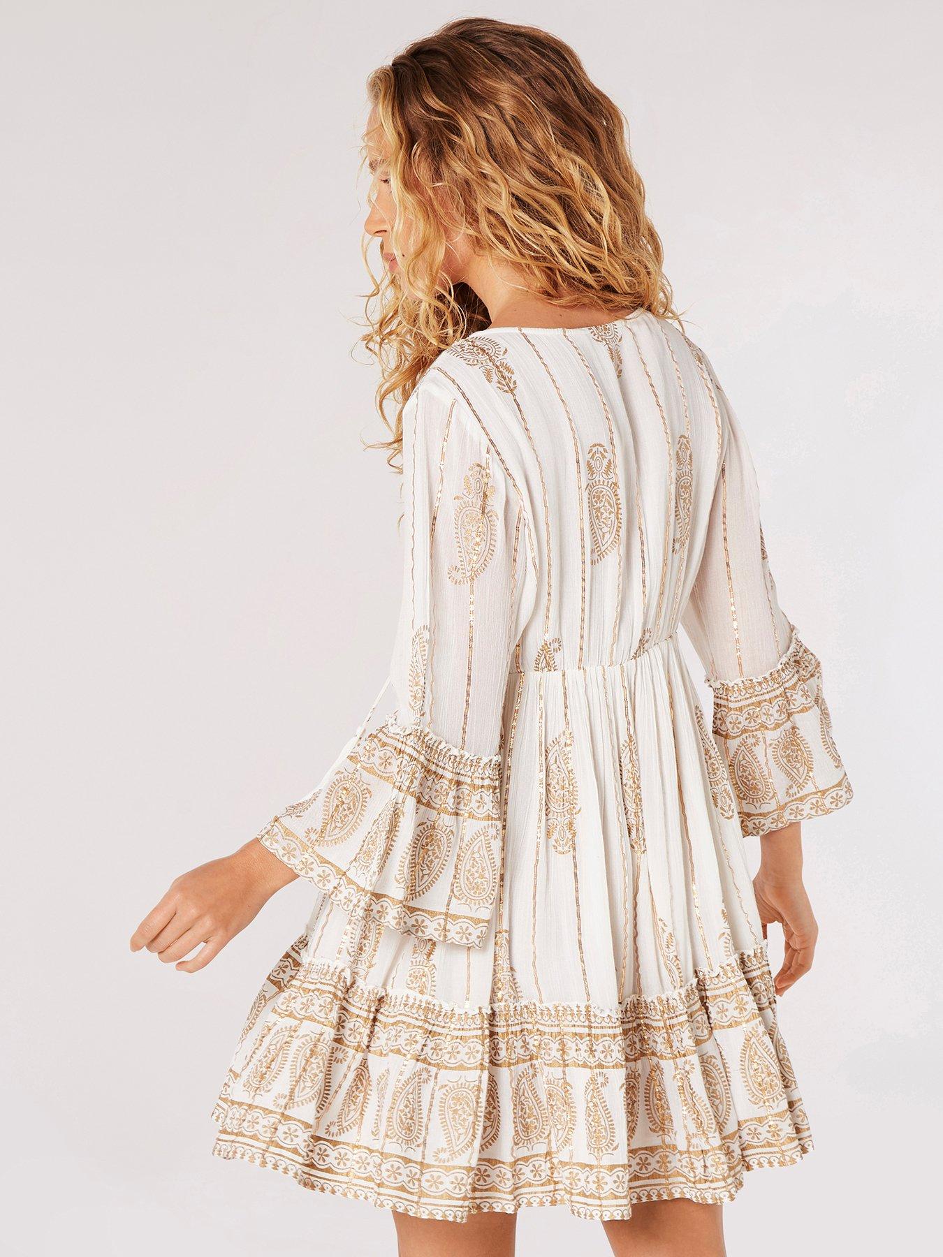 Bohemian Attire Meaning Apricot Bohemian Lurex Bell Sleeve Dress