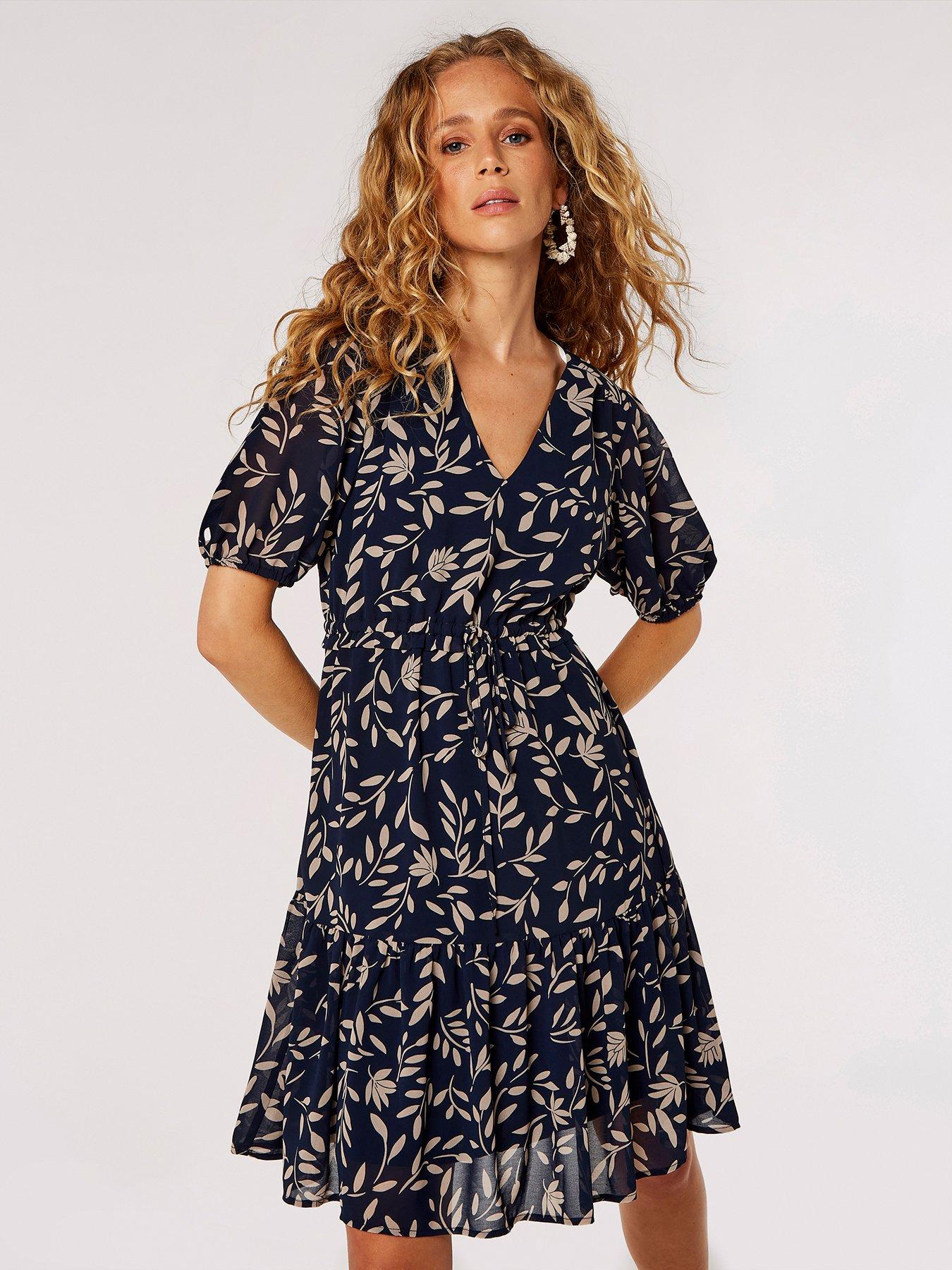 undefined Mono Leaf Tie Thru Puff Slv Dress