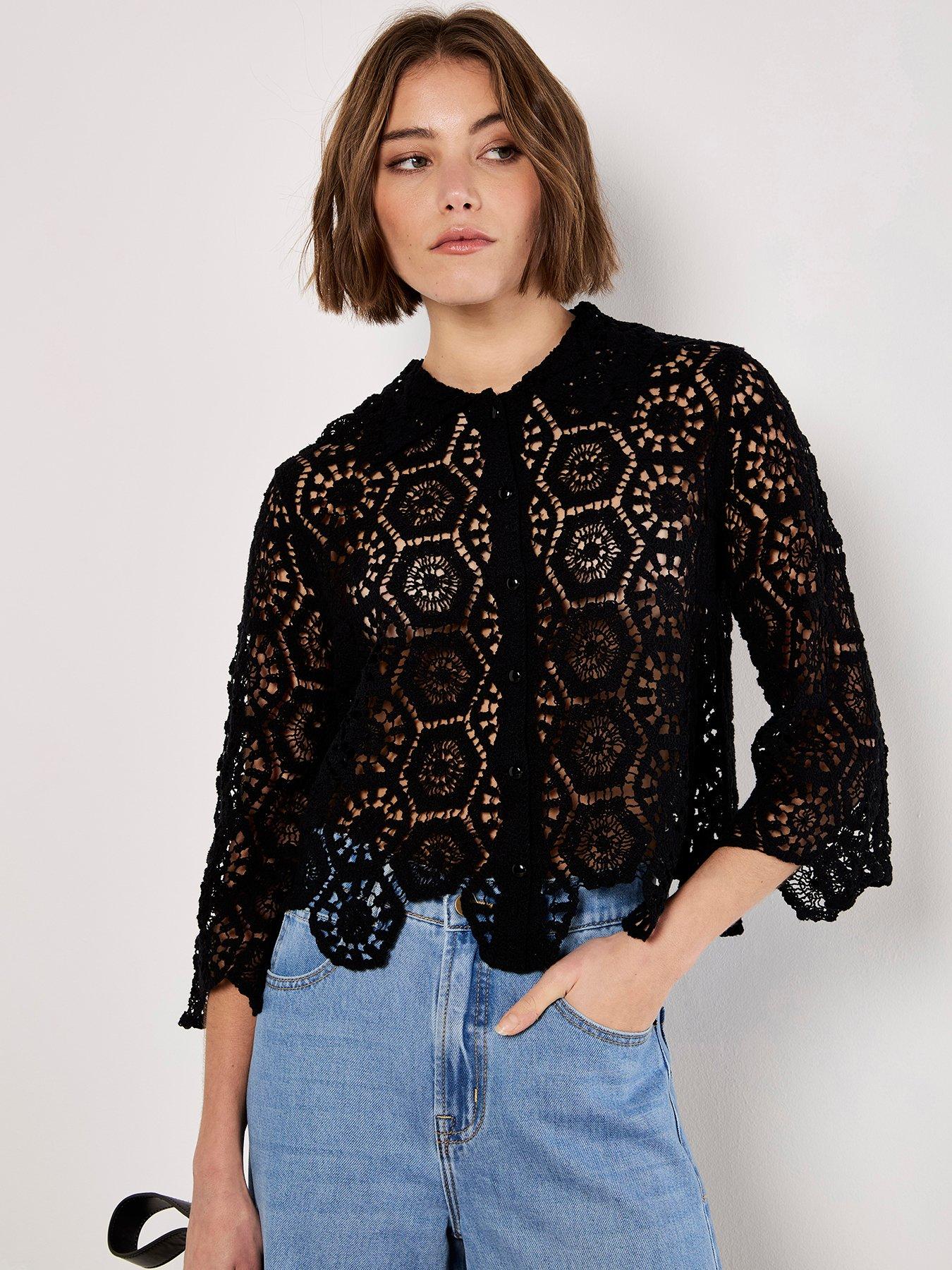 undefined Crochet Geo 3/4 Sleeve Shirt - Black