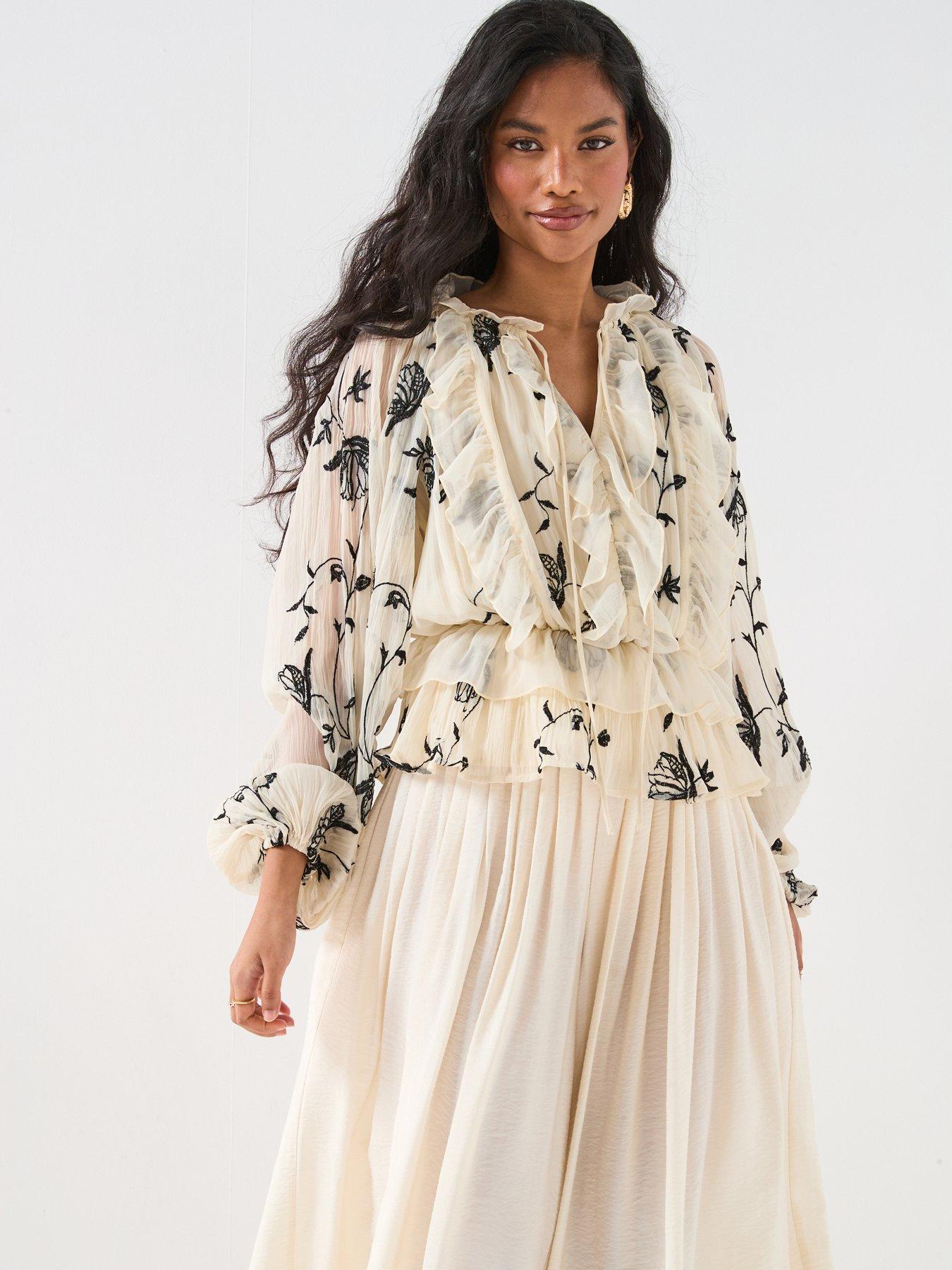 Image 1 of 6 of V by Very Printed Ruffle Detail Blouse - Cream