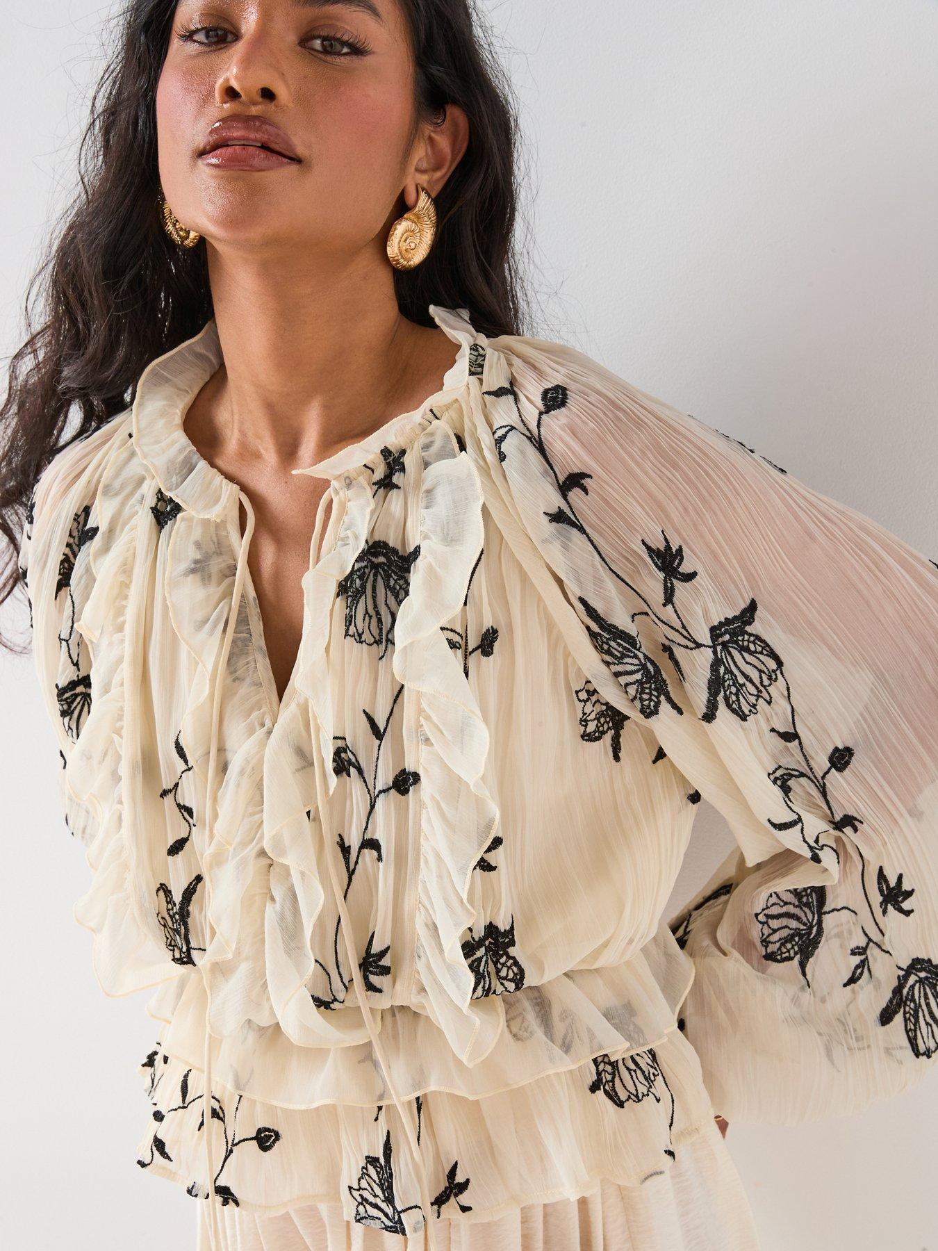 Image 6 of 6 of V by Very Printed Ruffle Detail Blouse - Cream
