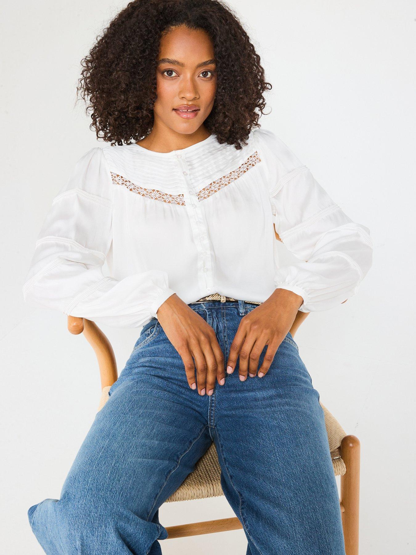 V by Very Pleated Broderie Detail Blouse - White