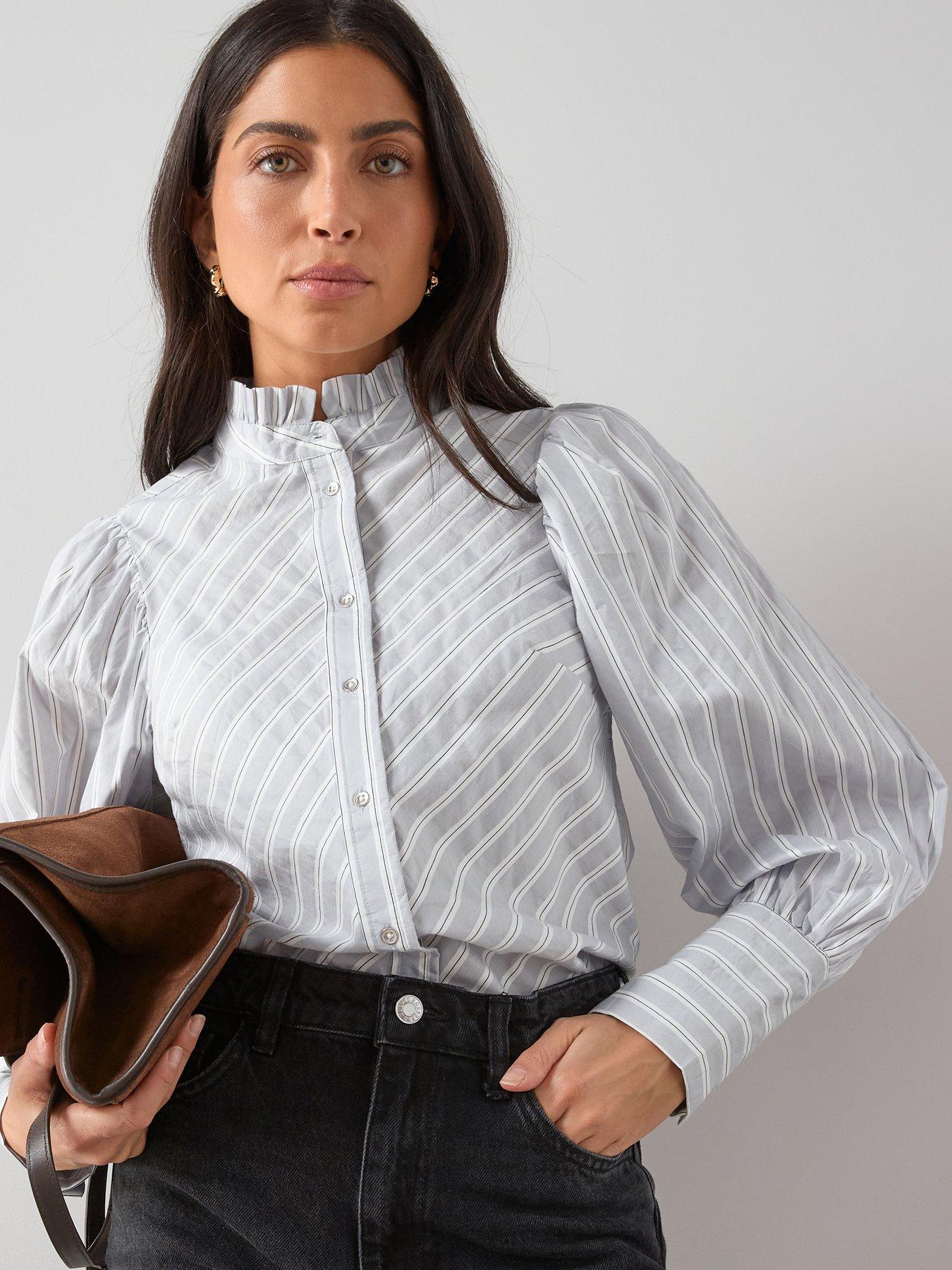 The Very Collection Stripe High Neck Frill Detail Shirt