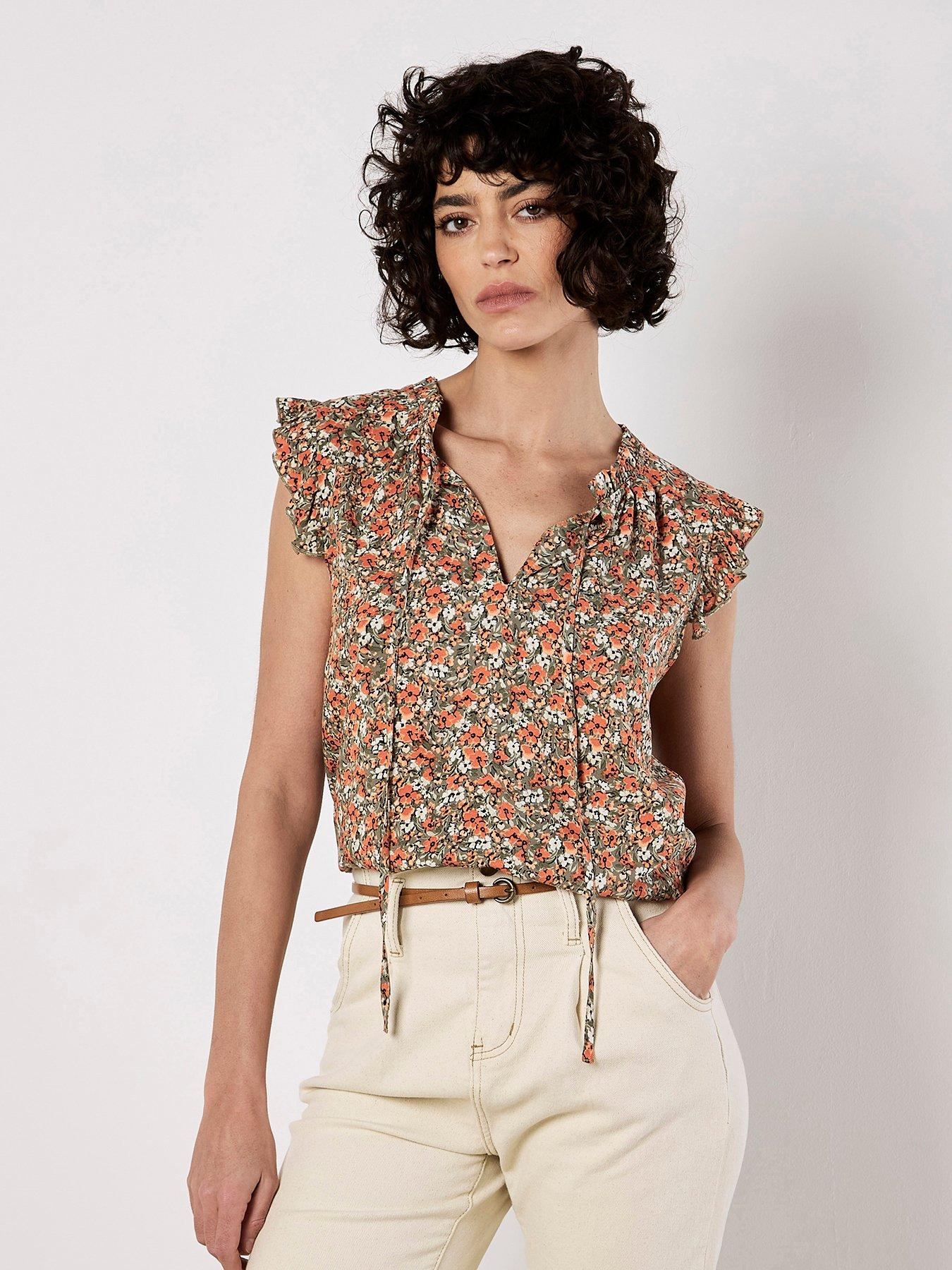 undefined Ditsy Ruffle Sleeve Tie Neck Top