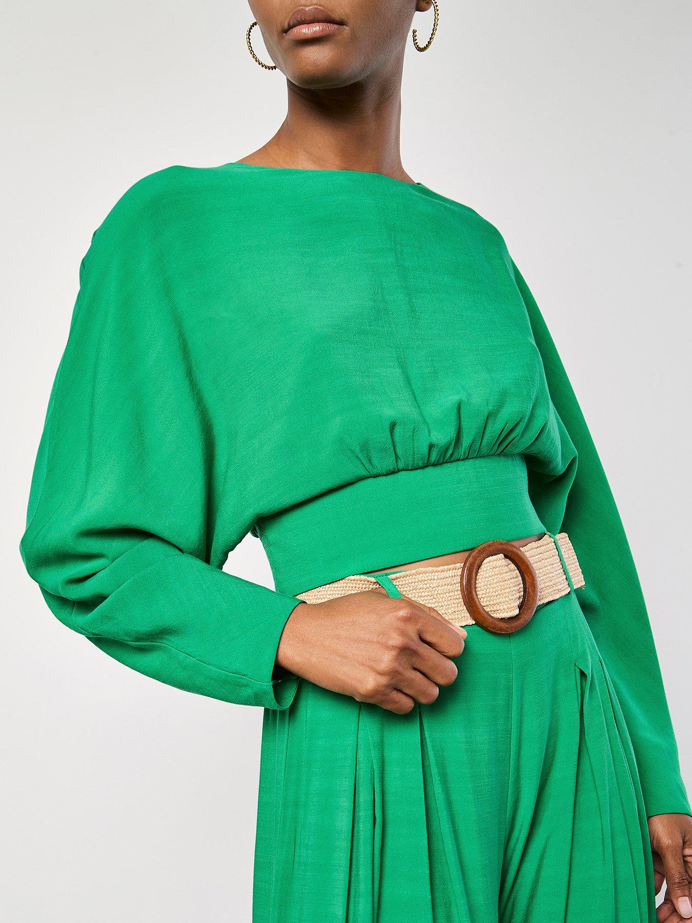Image 1 of 4 of Apricot Open Back Batwing Crop Top - Green