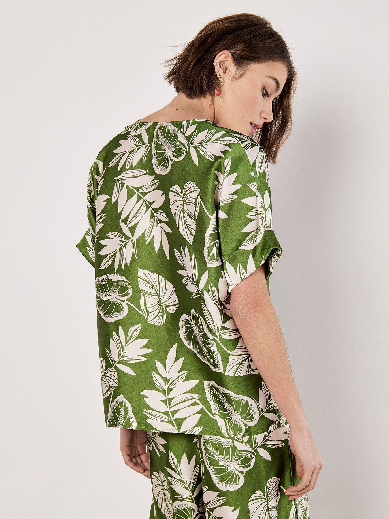 Image 2 of 4 of Apricot Leaf Print V Neck Satin Tee