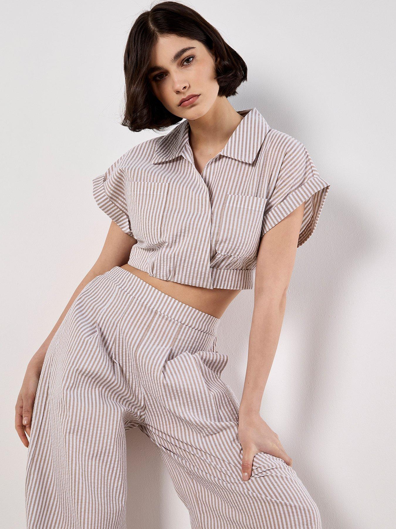 undefined Stripe Seersucker Crop Top - Cream