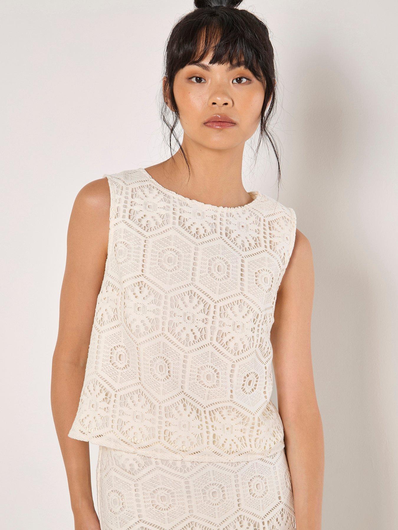 undefined Tile Crochet Lace Shell Top - White