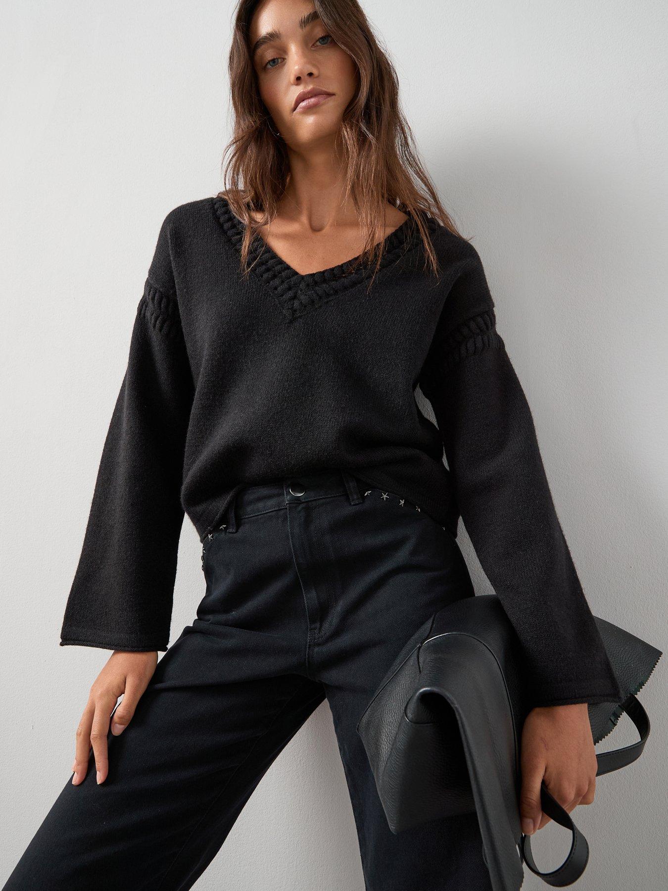 The Very Collection V Neck Open Stitch Knitted Jumper - Black