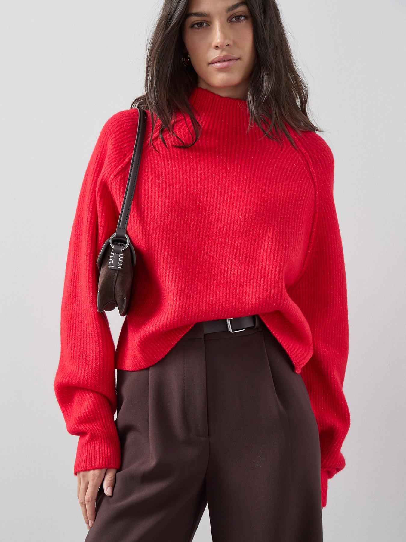 Image 1 of 7 of The Very Collection Style Yarn Seam Detail Funnel Neck Jumper With Wool - Red