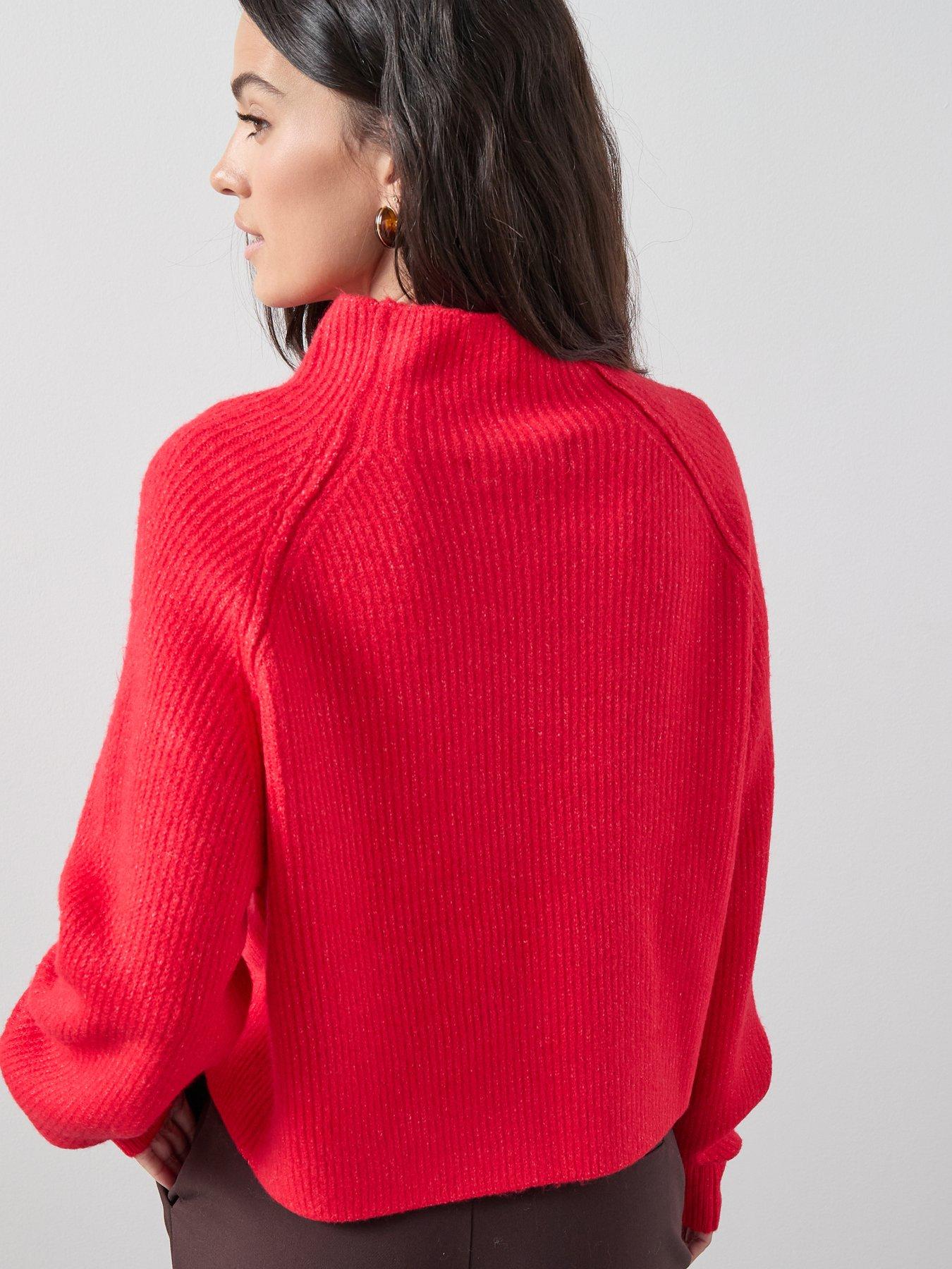 Image 2 of 7 of The Very Collection Style Yarn Seam Detail Funnel Neck Jumper With Wool - Red