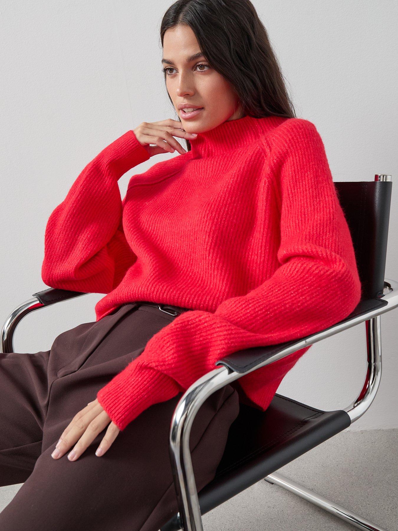 Image 4 of 7 of The Very Collection Style Yarn Seam Detail Funnel Neck Jumper With Wool - Red