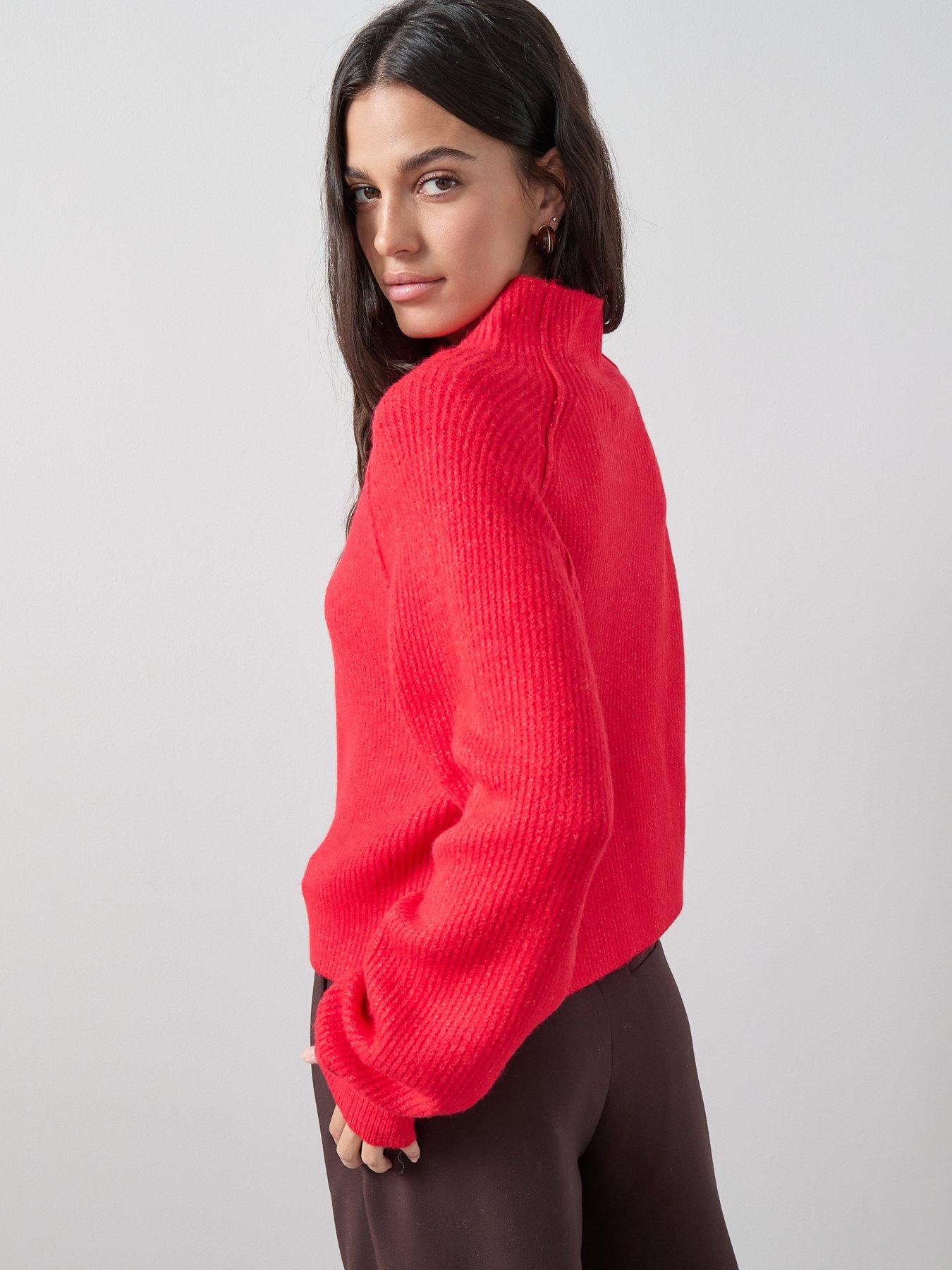 Image 6 of 7 of The Very Collection Style Yarn Seam Detail Funnel Neck Jumper With Wool - Red