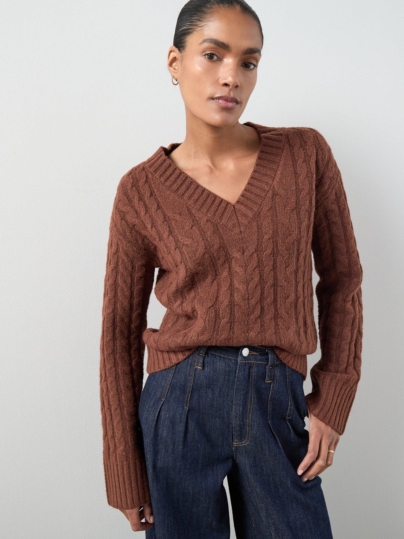 The Very Collection Cosy Yarn V Neck Cable Knit Jumper With Wool - Brown