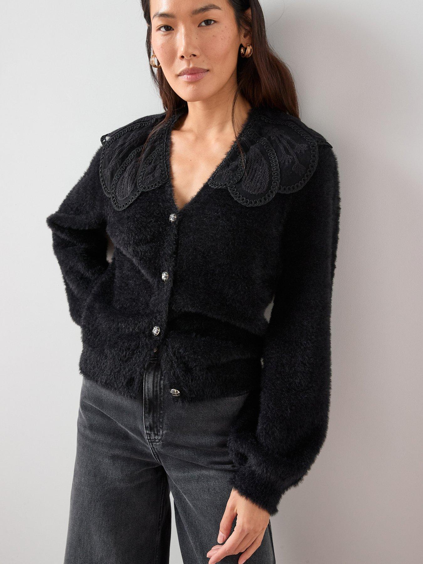 The Very Collection Organza Collared V Neck Cardigan - Black