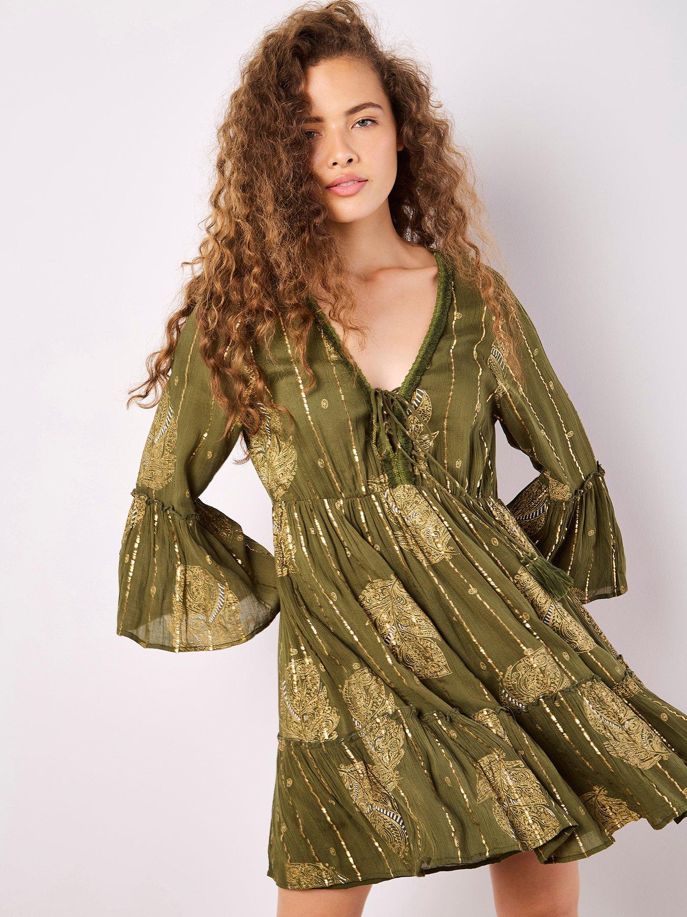 Apricot Watercolour Floral Tiered Mini Dress- Green/Gold | Very