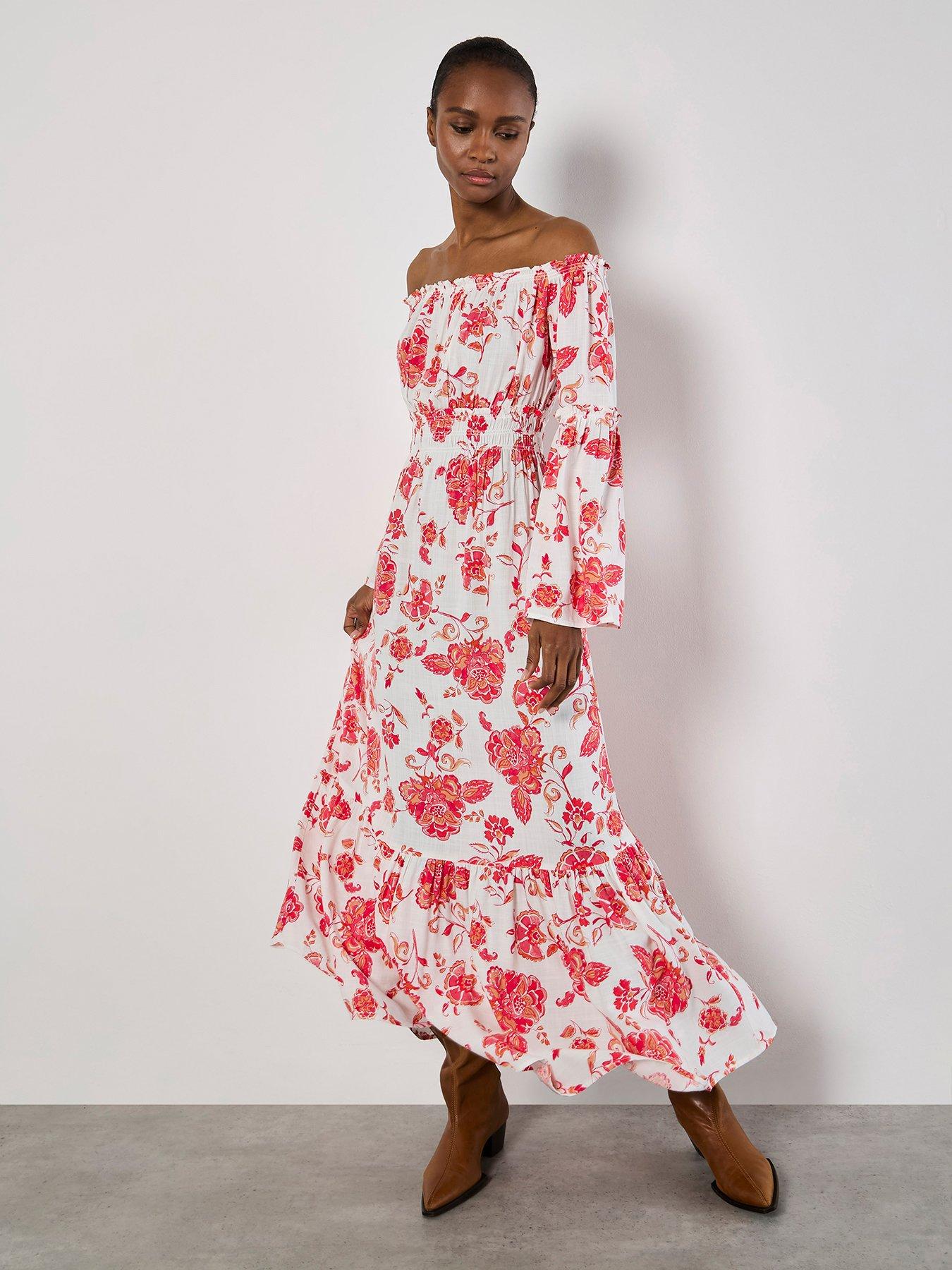 undefined Floral Print Fluted Slv Maxi Dress