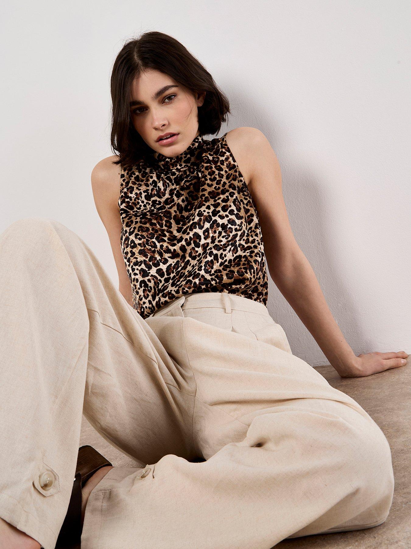 undefined Leopard Sleeveless Tie Neck Top - Cream