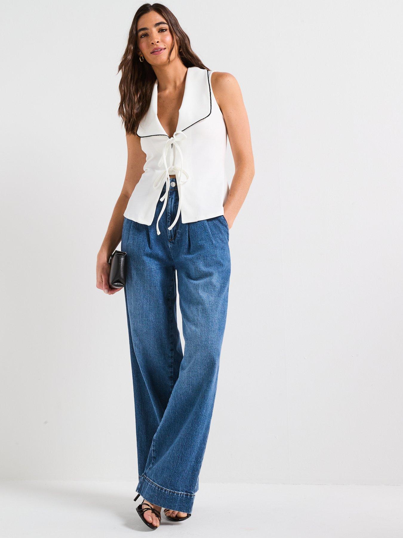 Image 3 of 5 of V by Very Contrast Piping Tie Up Top - Ecru