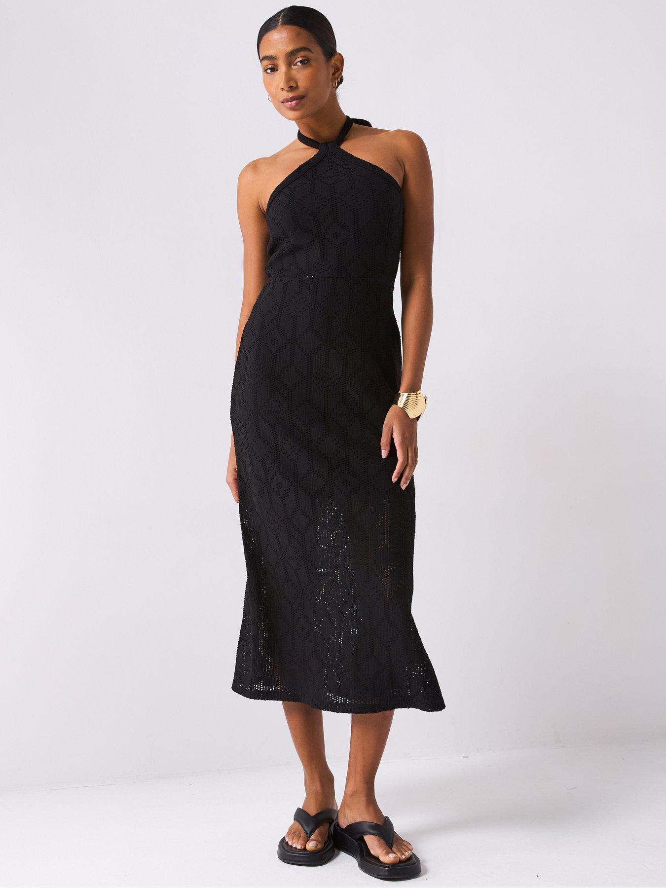 undefined Halterneck Crochet Midaxi Dress - Black