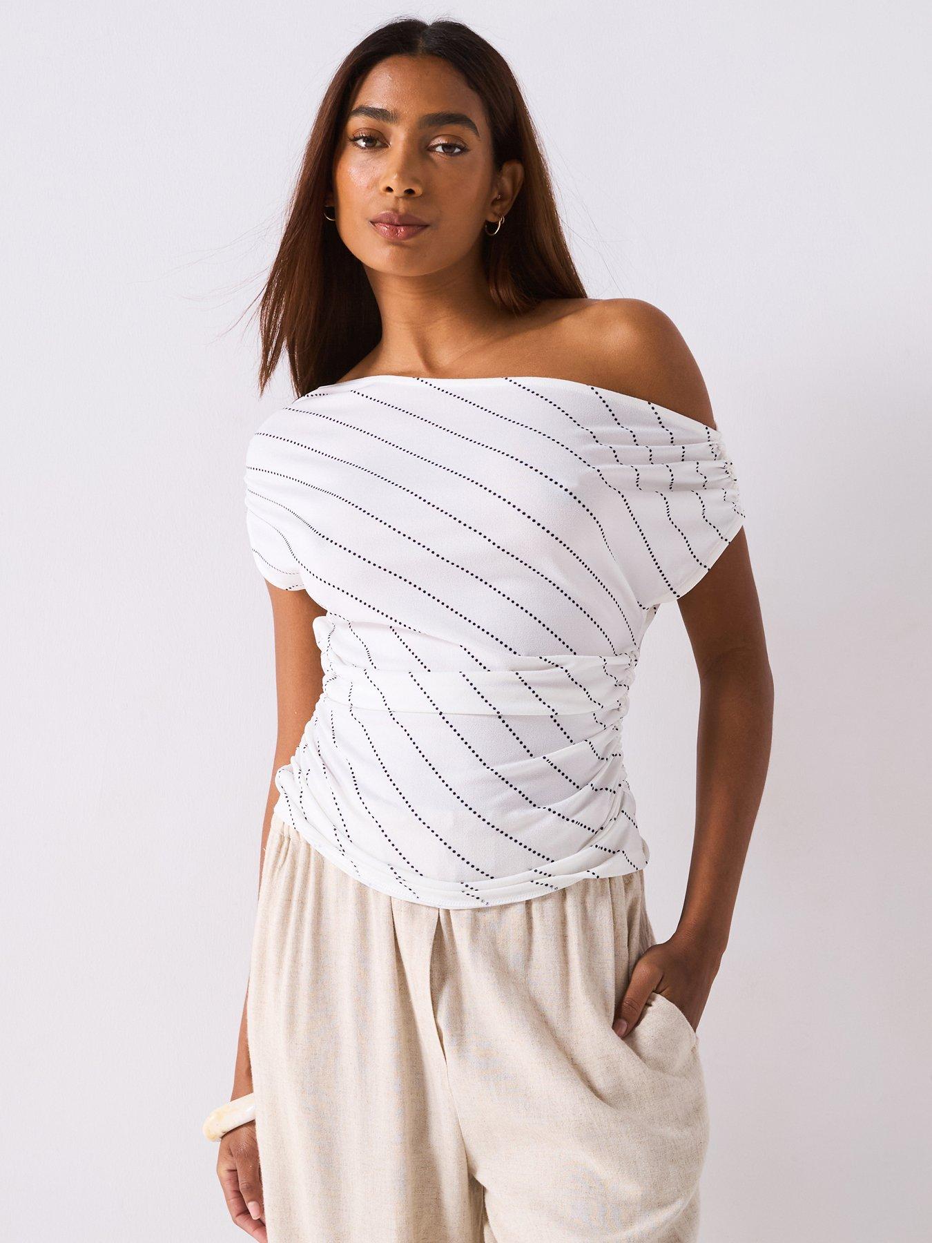 undefined Asymetric Off The Shoulder Top - Stripe