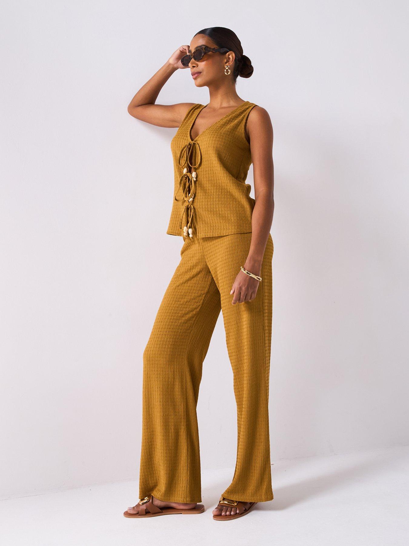 undefined Bead Detail Tie Up Textured Top Co-Ord - Yellow