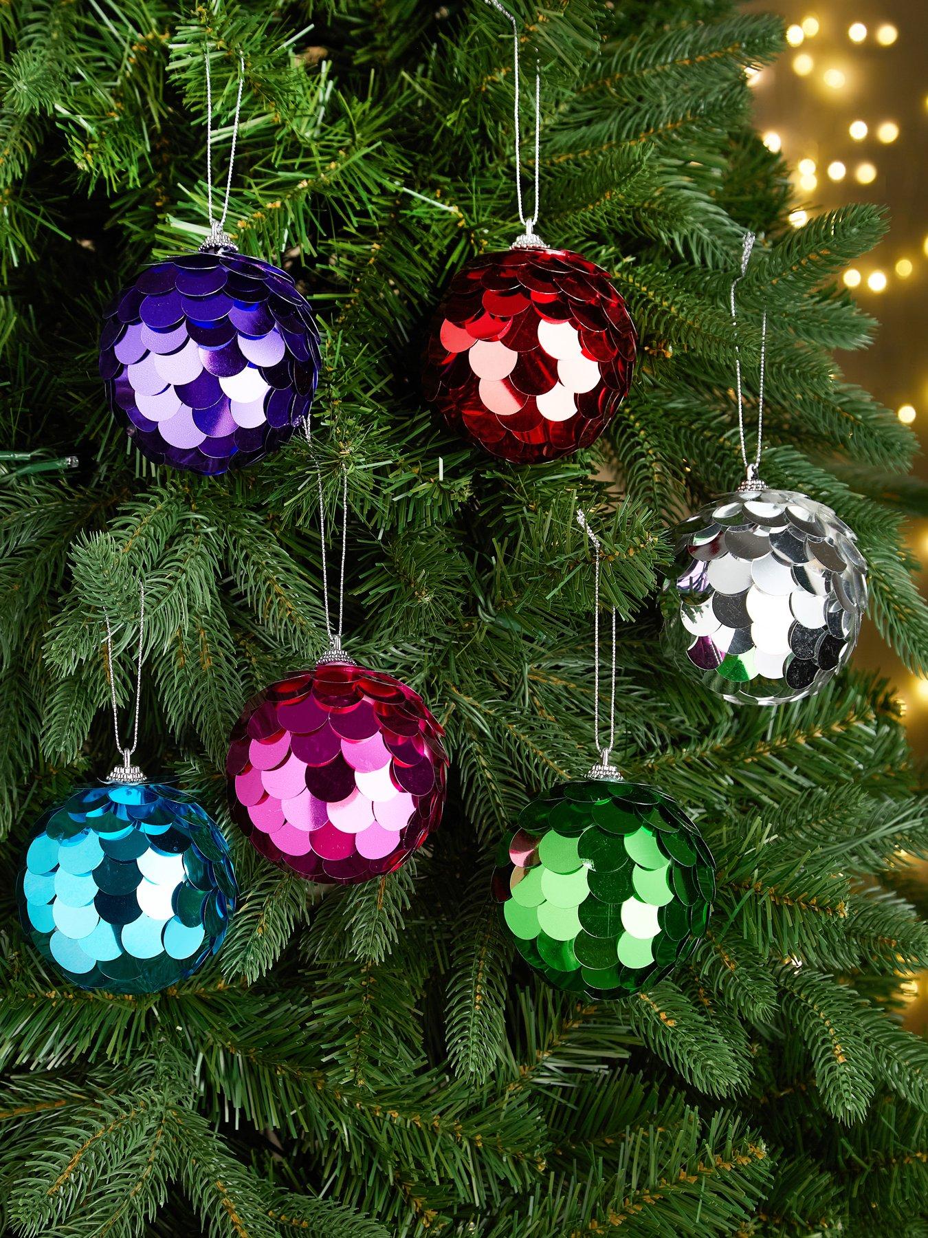 Very Home Set of 6 Multicoloured Sequined Christmas Tree Baubles