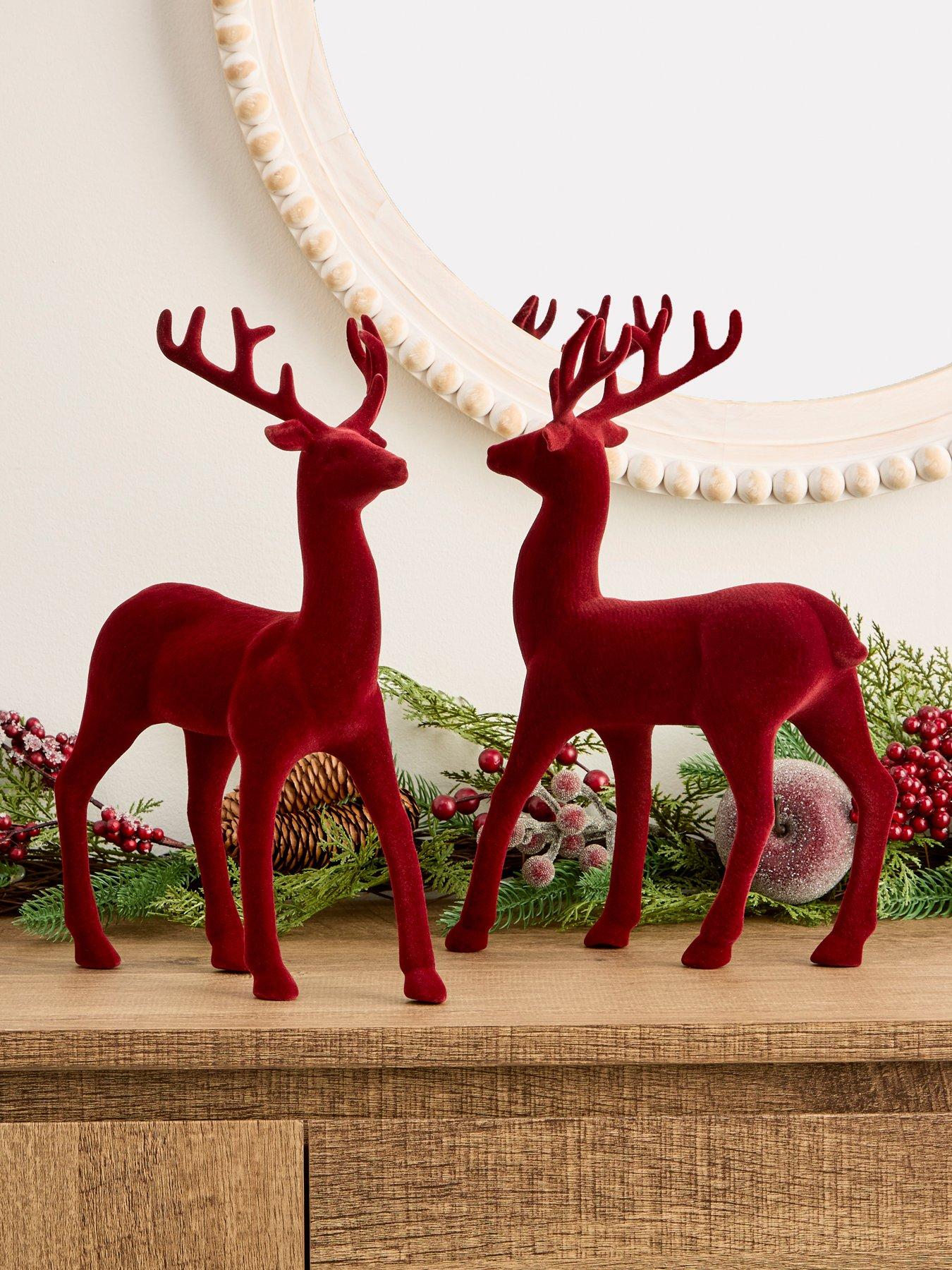 Very Home Set of 2 Red Flocked Standing Reindeer Christmas Decorations - Red