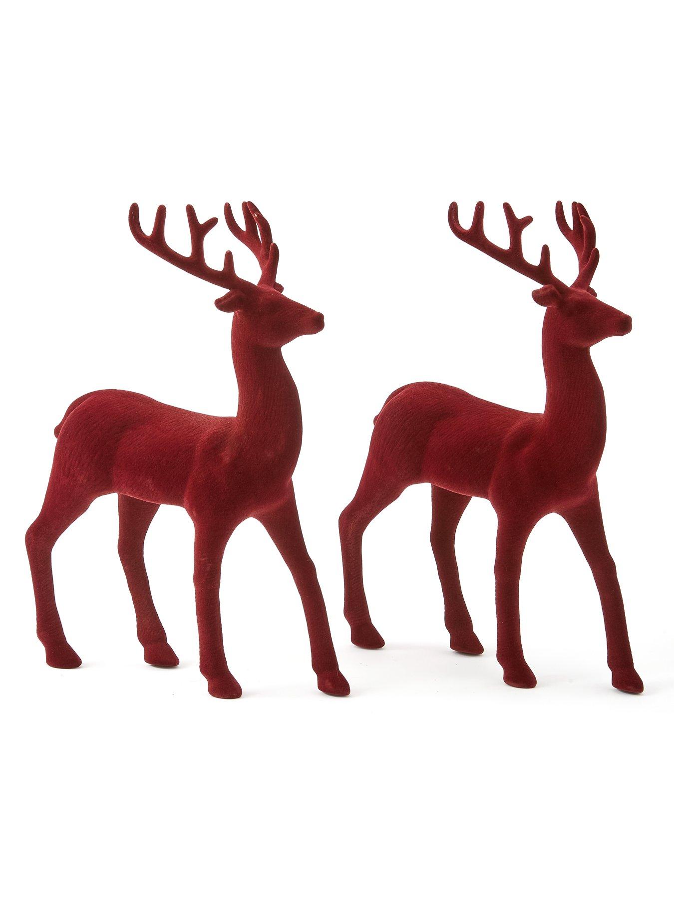 Image 2 of 6 of The Very Collection Set of 2 Red Flocked Standing Reindeer Christmas Decorations - Red