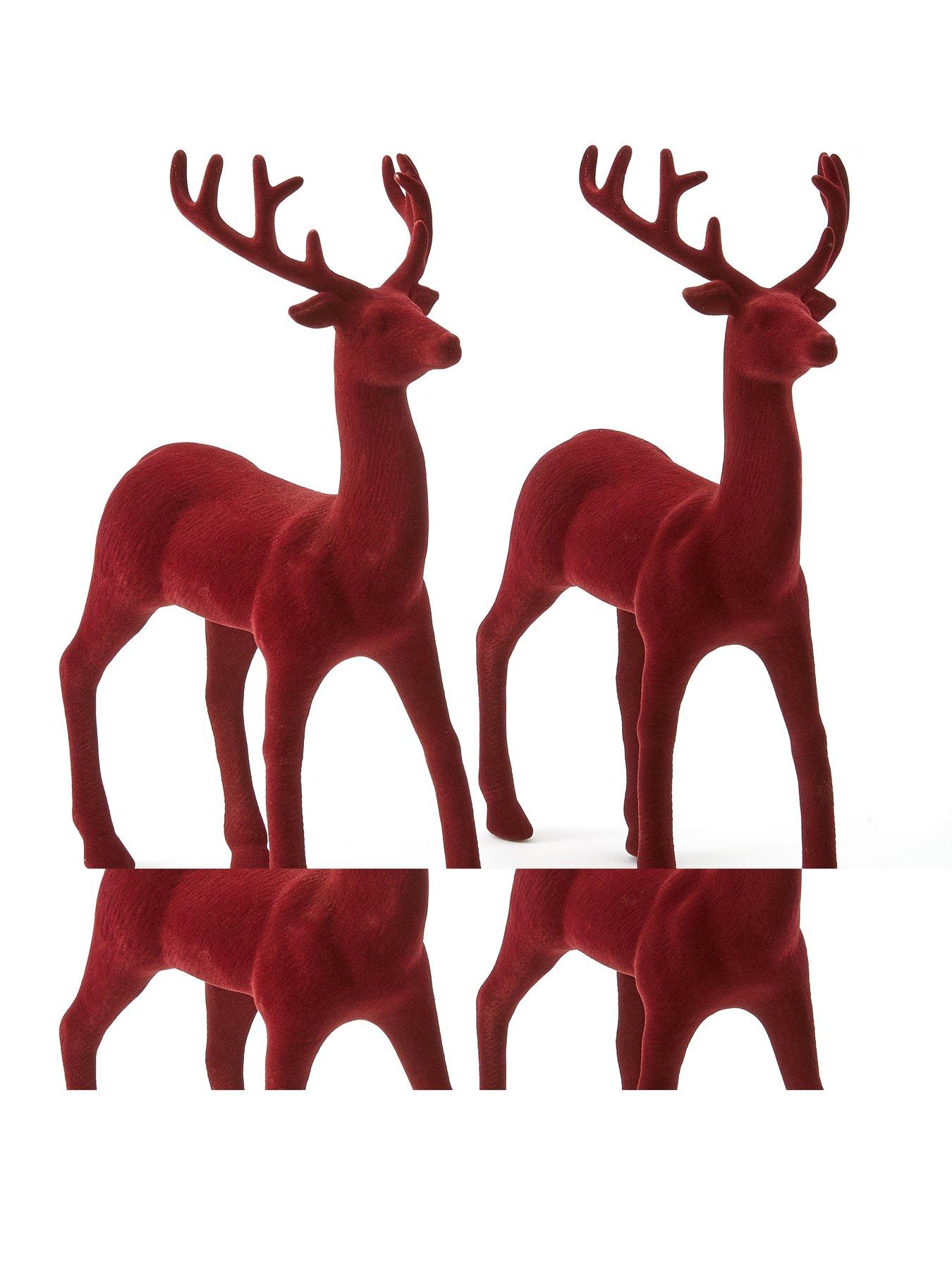 Image 4 of 6 of The Very Collection Set of 2 Red Flocked Standing Reindeer Christmas Decorations - Red
