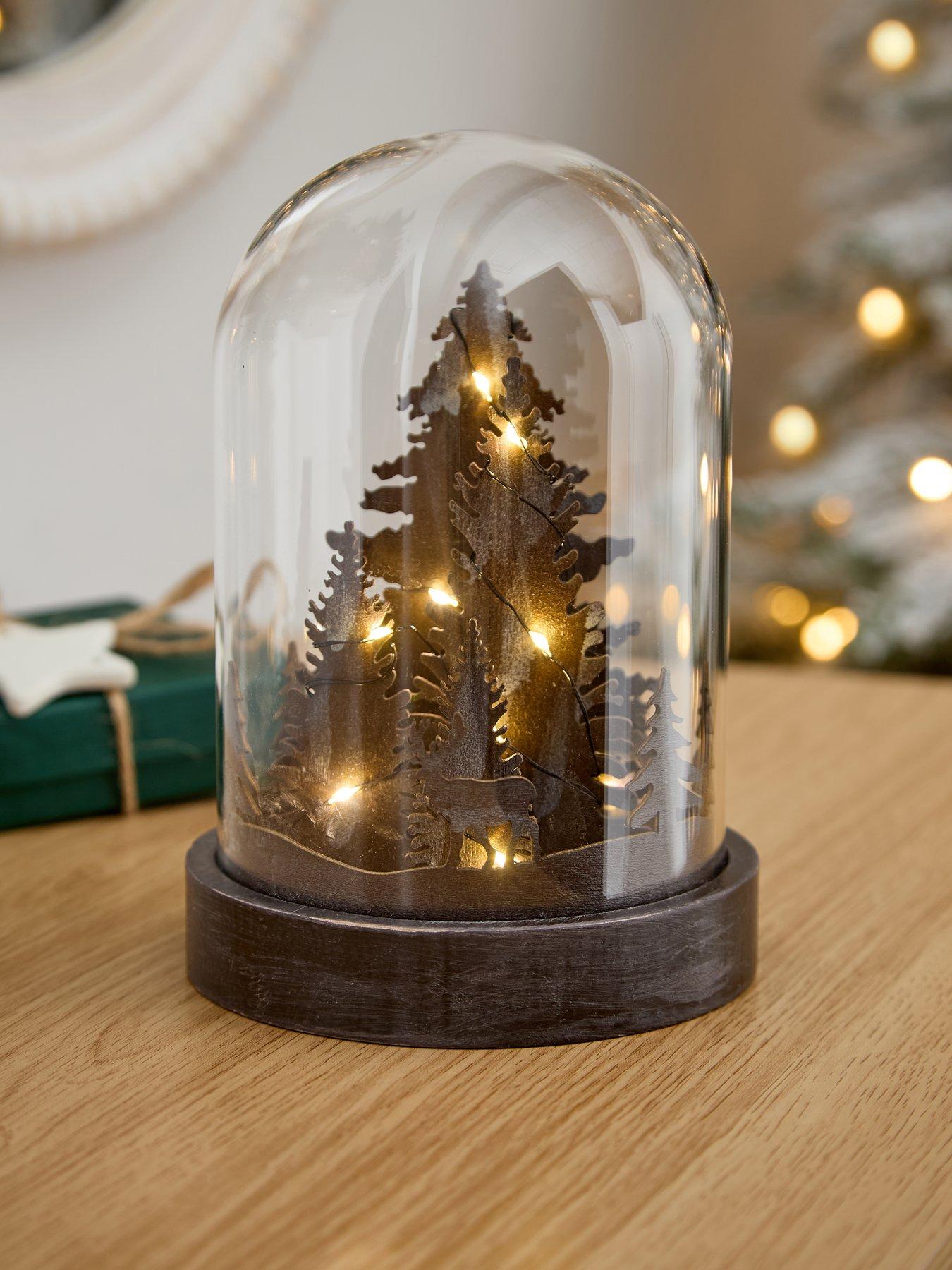 Very Home Wood Effect Light Up Cloche with Tree Scene Christmas Decoration