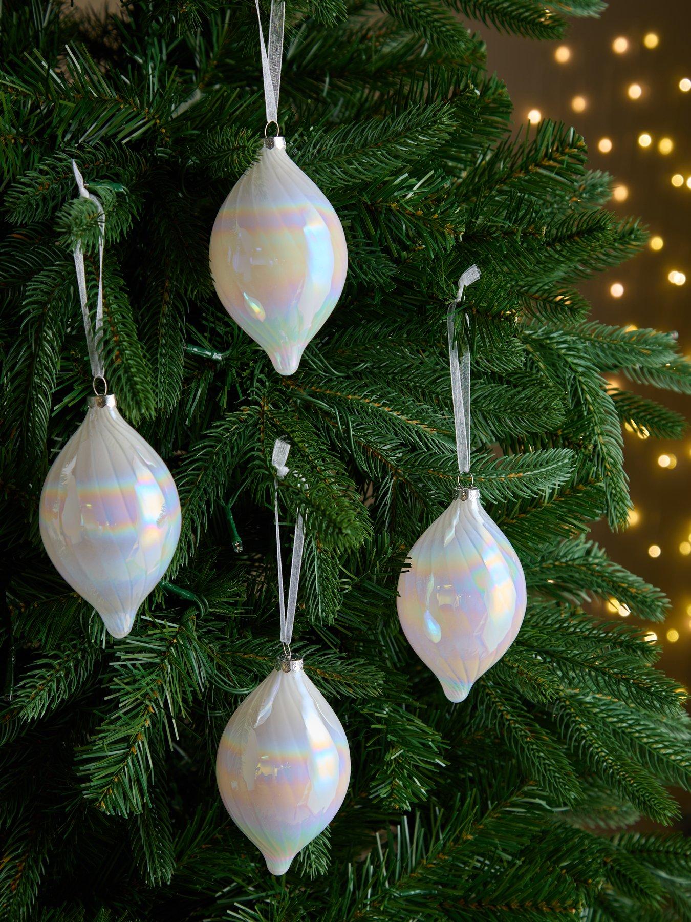 Very Home Set of 4 White Iridescent Waved Glass Teardrop Christmas Tree Baubles