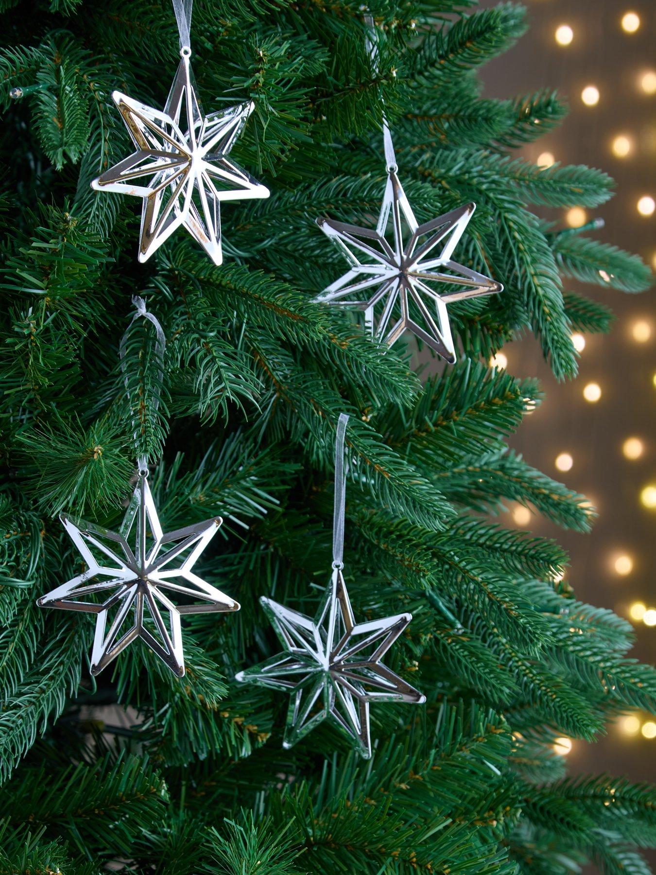 Very Home Set of 4 Silver Metal Star Hanging Christmas Tree Decorations