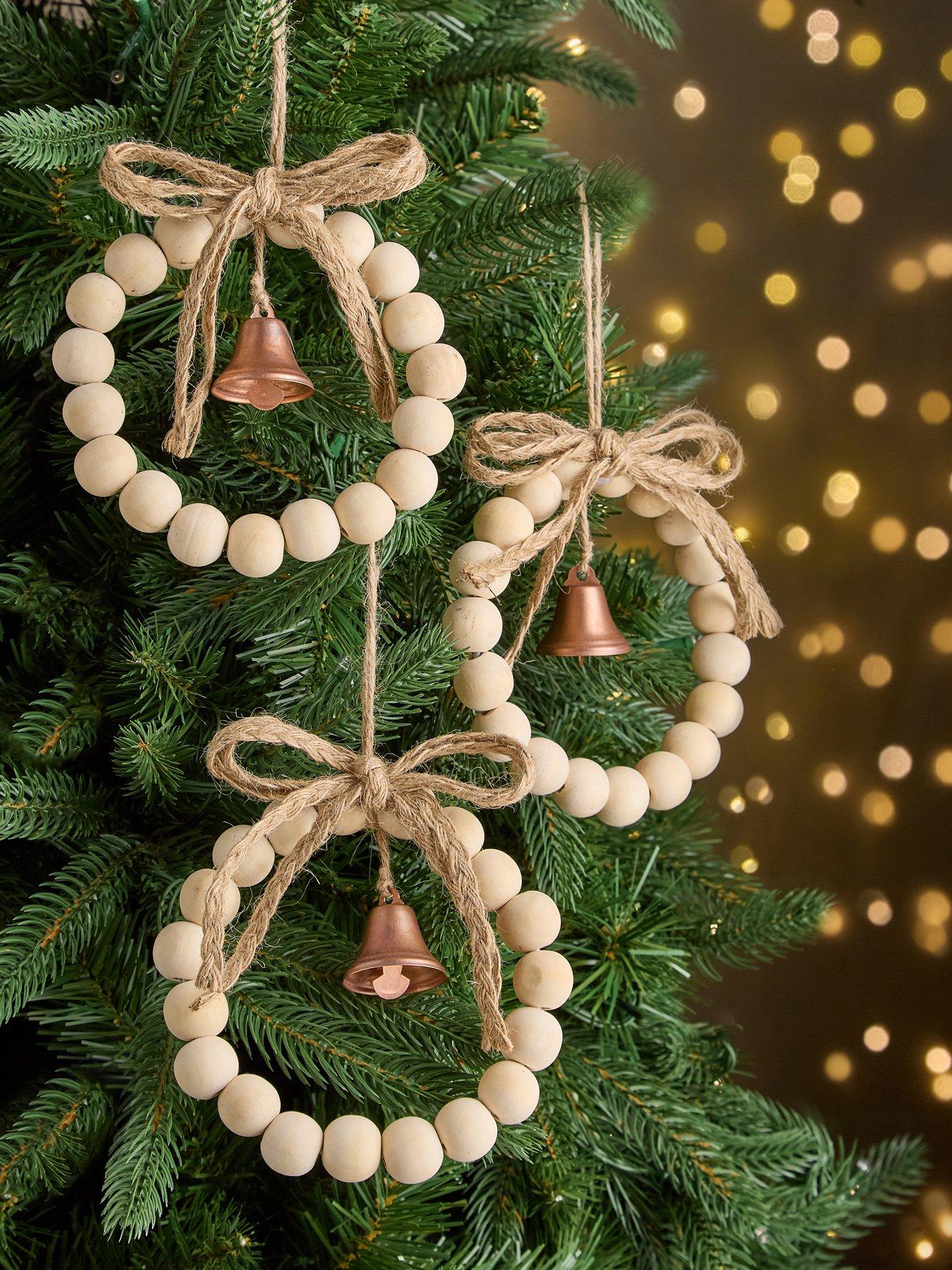 Very Home Set of 3 Beaded Wooden Wreath Christmas Tree Decorations