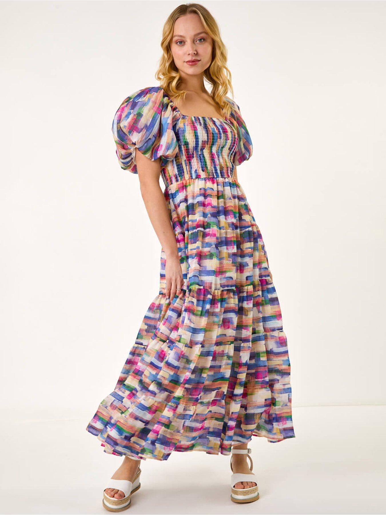 undefined Dusk Abstract Puff Sleeve Tiered Dress - Pink