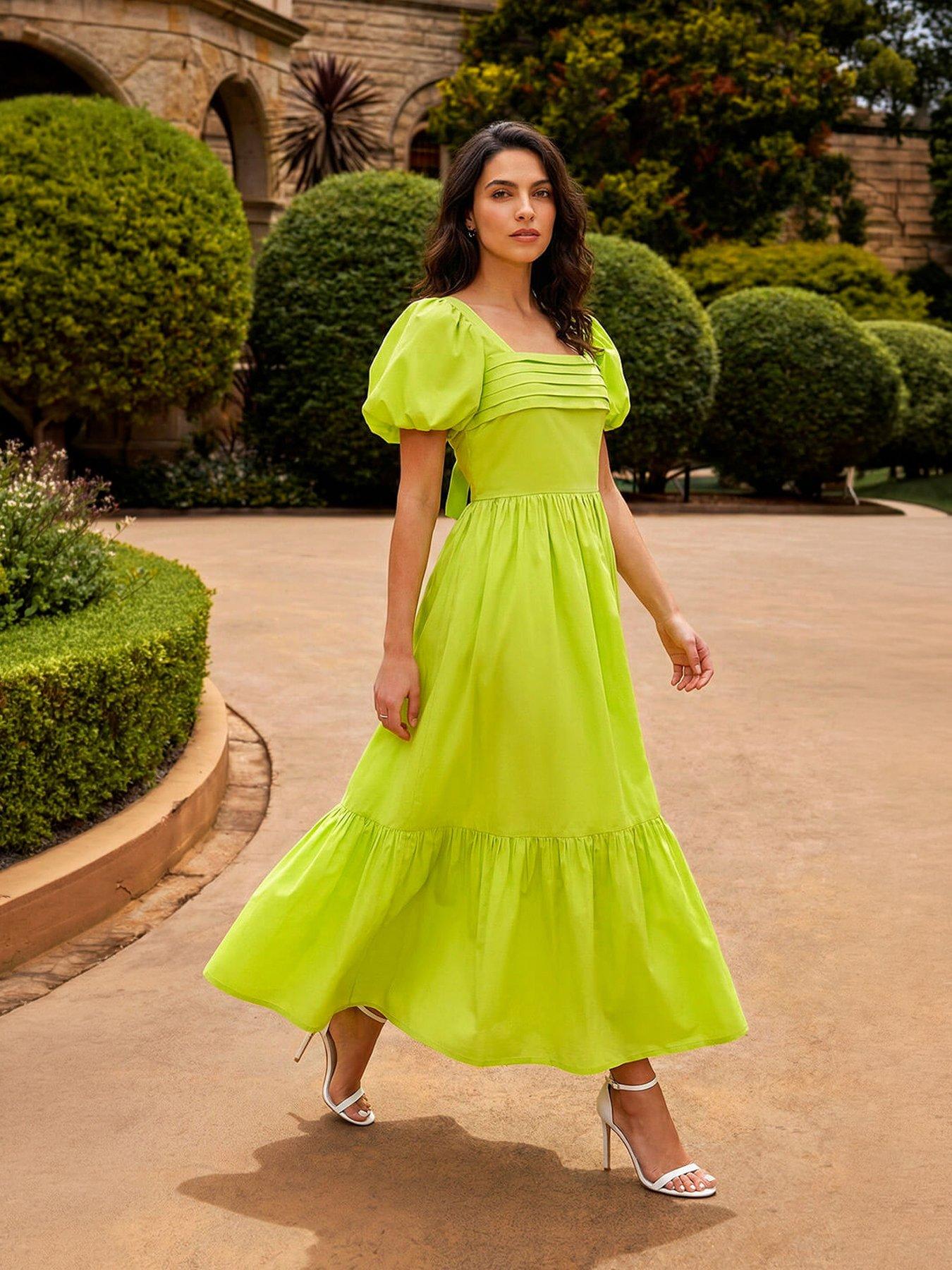 Roman Dusk Pleated Puff Midi Dress - Lime