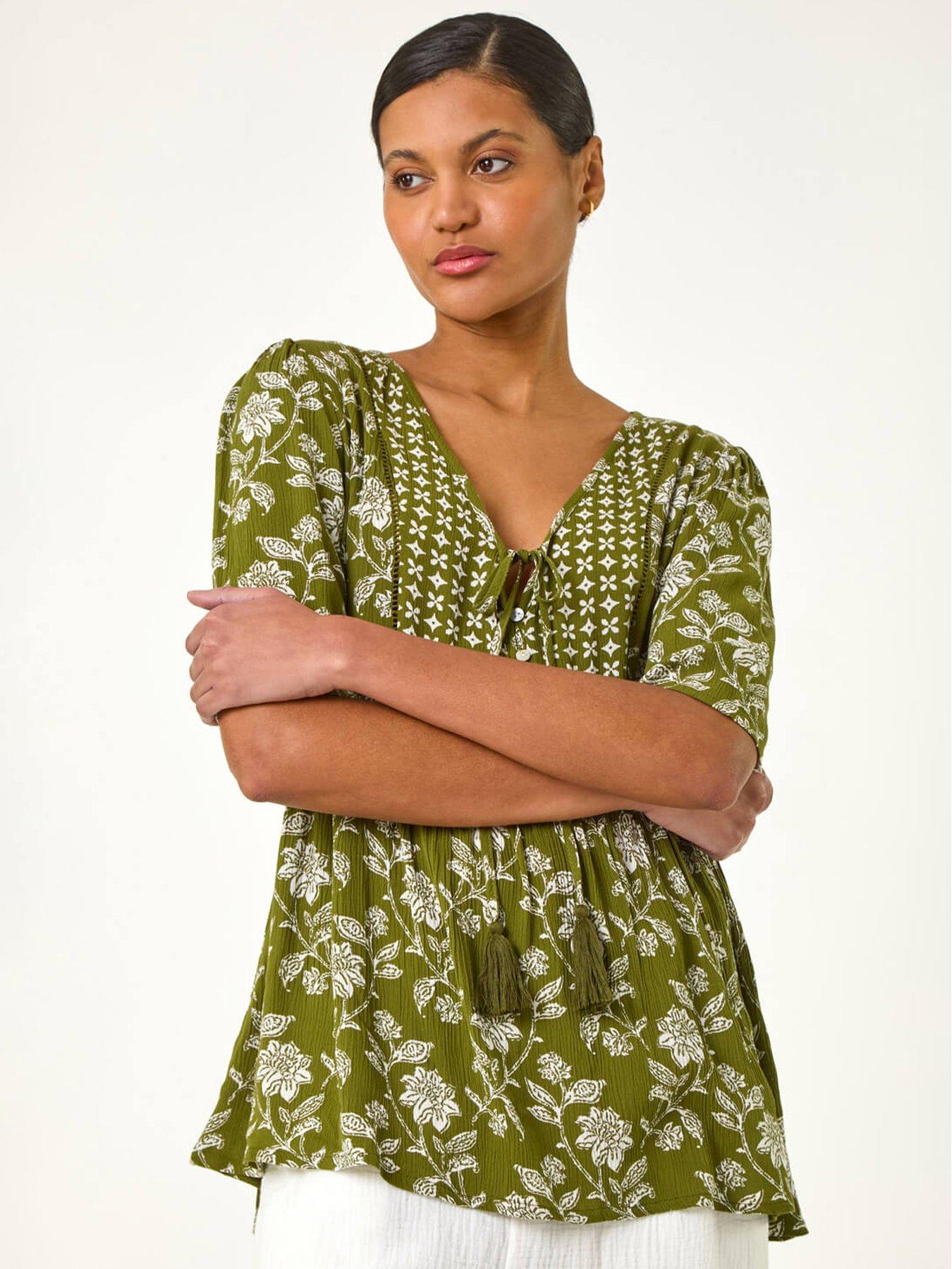 Roman Floral Print Tassel Tunic Top - Olive