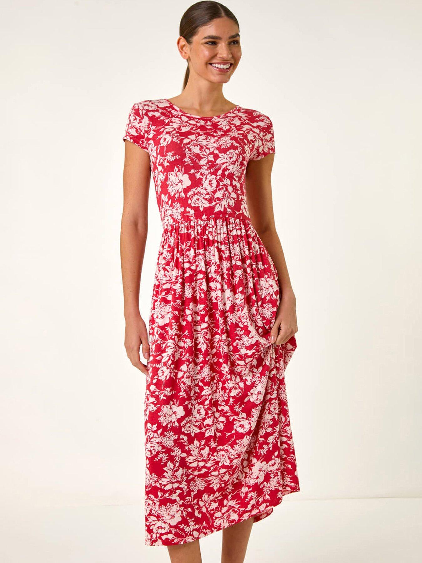 Roman Floral Print Stretch Midi Dress - Red