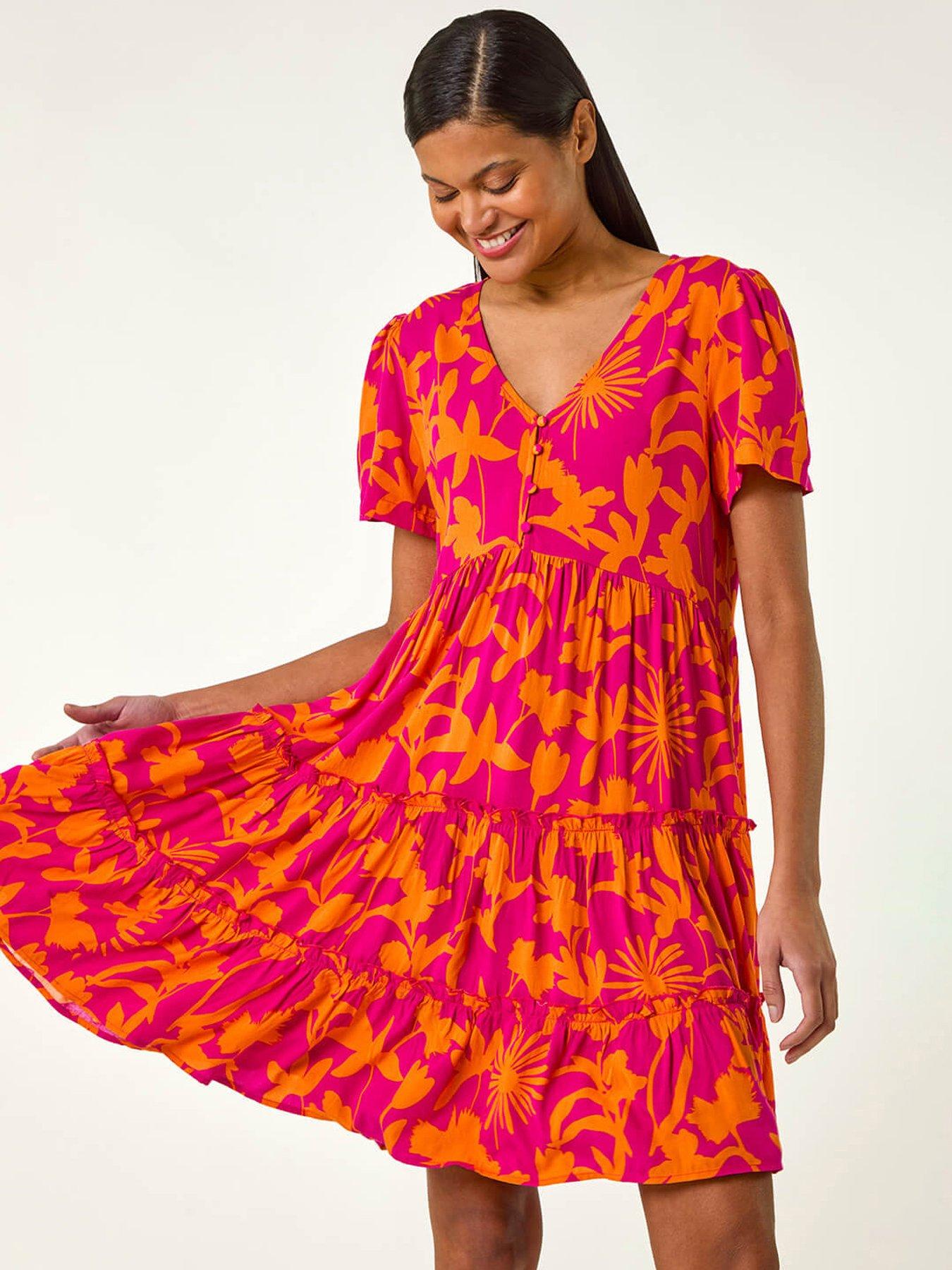 undefined Shadow Floral Tiered Smock Dress - Fuchsia