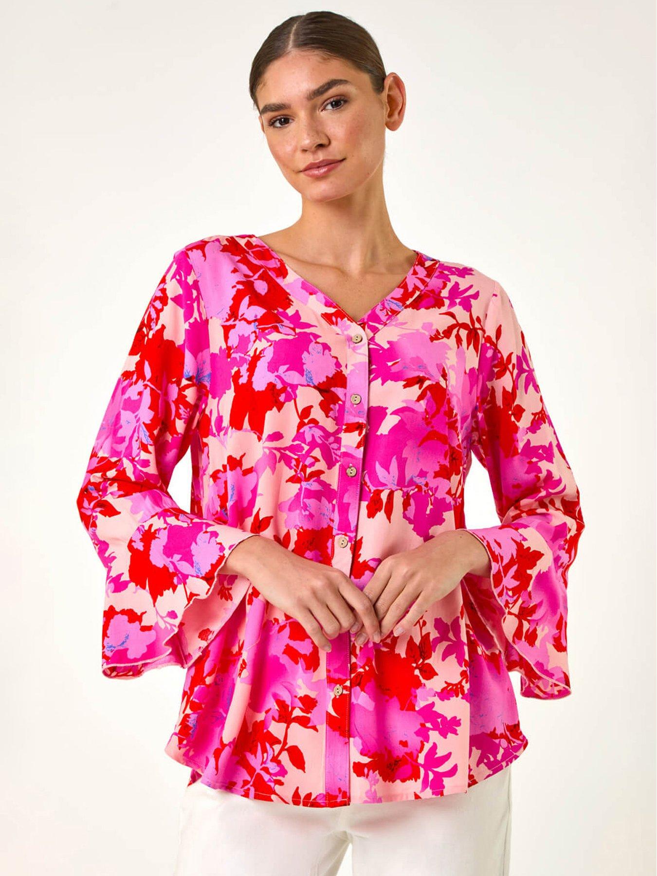 Image of Roman Floral Print Flare Sleeve Blouse - Pink