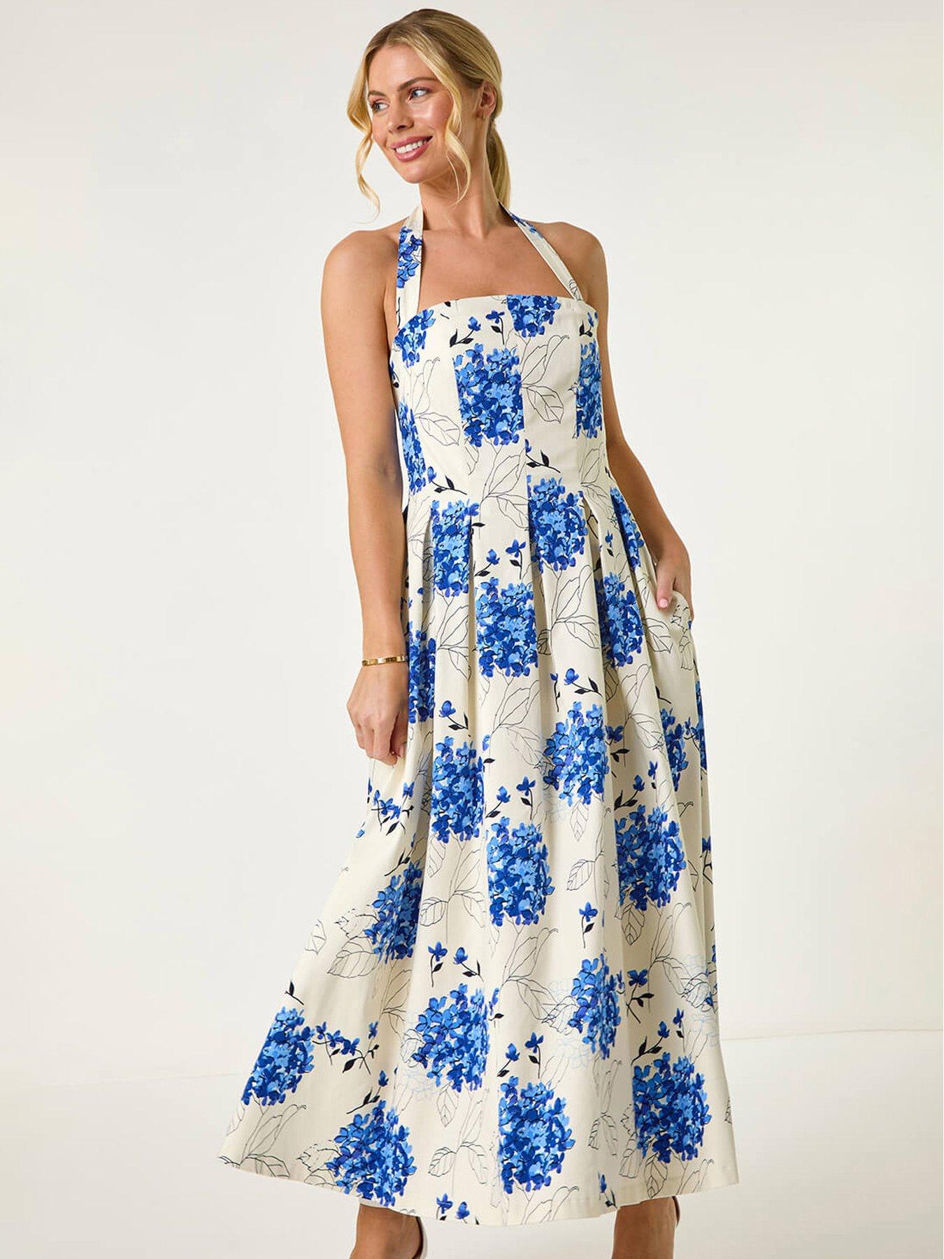 Image 1 of 5 of Roman Petite Floral Stretch Midi Dress - Blue