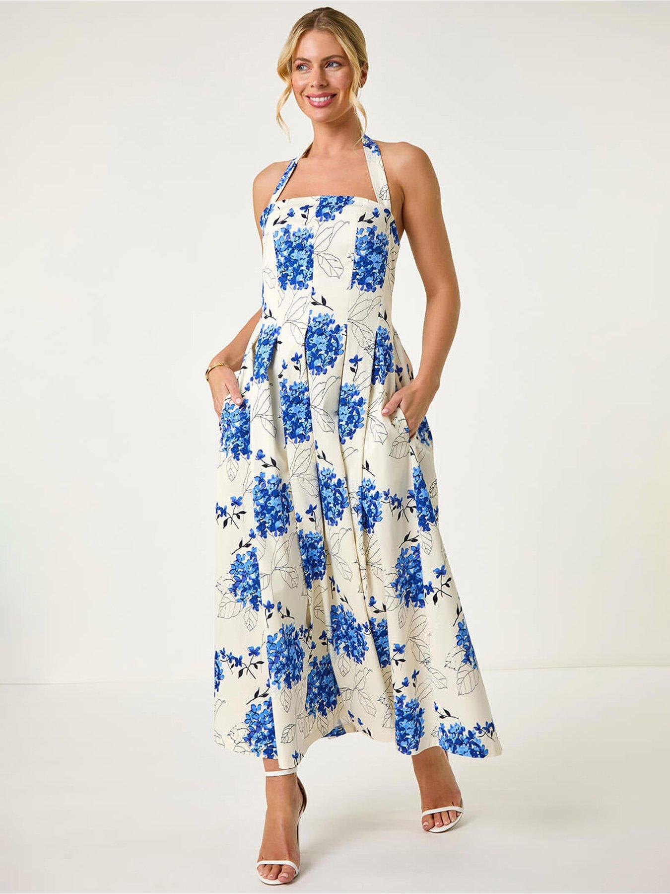 Image 3 of 5 of Roman Petite Floral Stretch Midi Dress - Blue