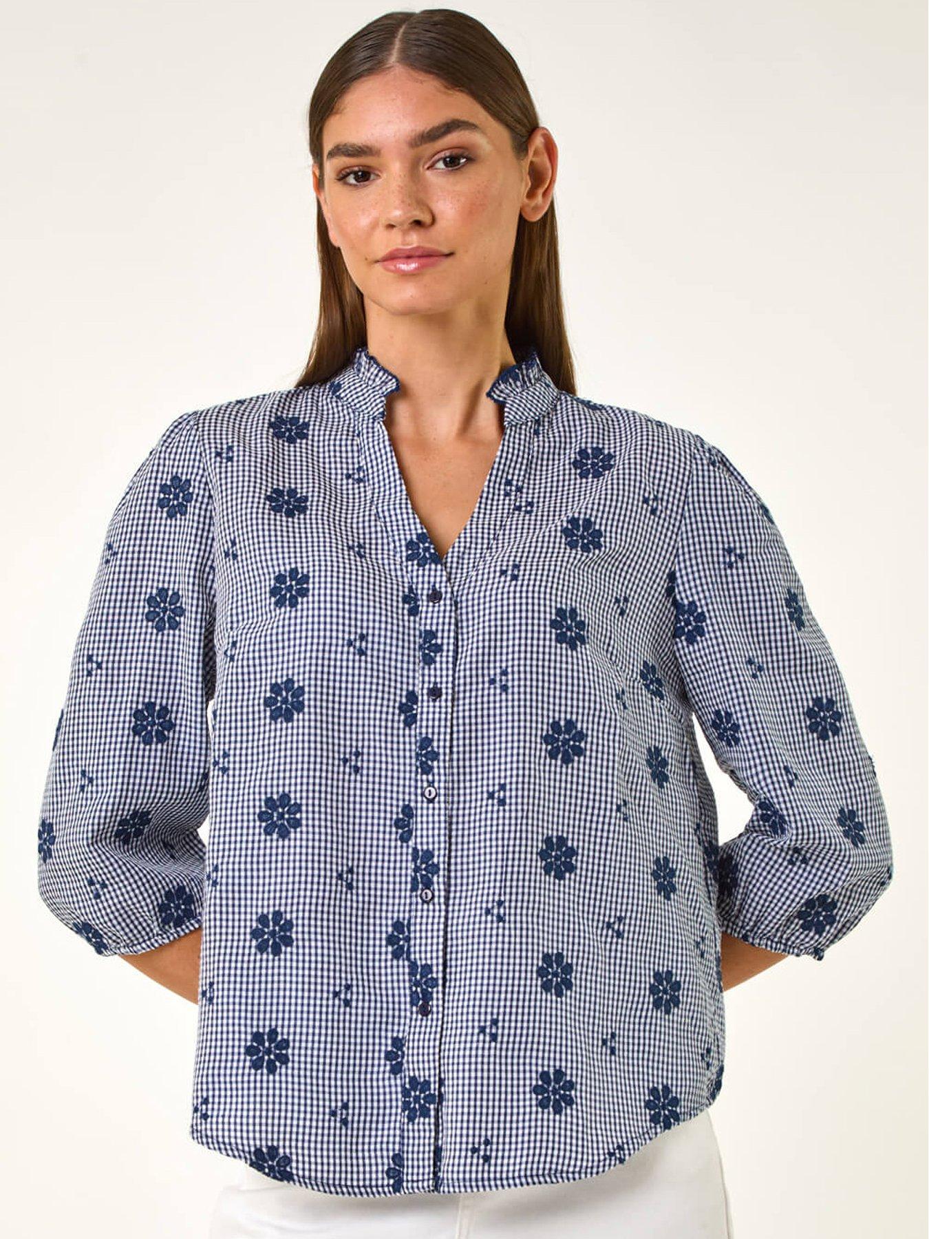 Image of Roman Floral Embroidered V-neck Blouse - Navy
