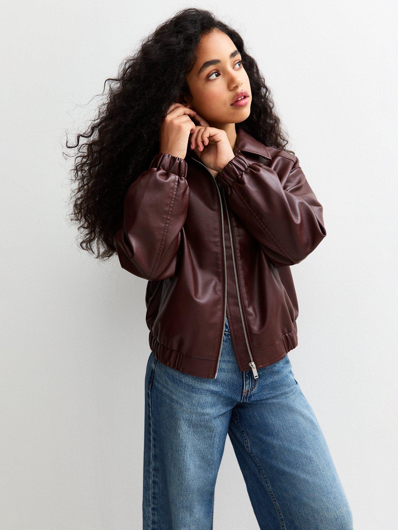 New Look 915 Girls Faux Leather Bomber Jacket Dark Red Very