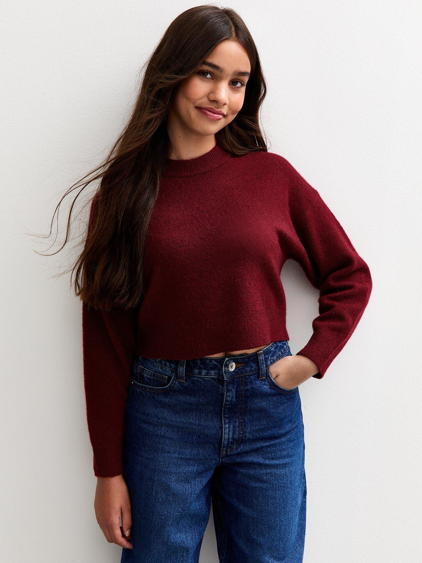 undefined Girls Dark Burgundy Crew Neck Jumper - Dark Red