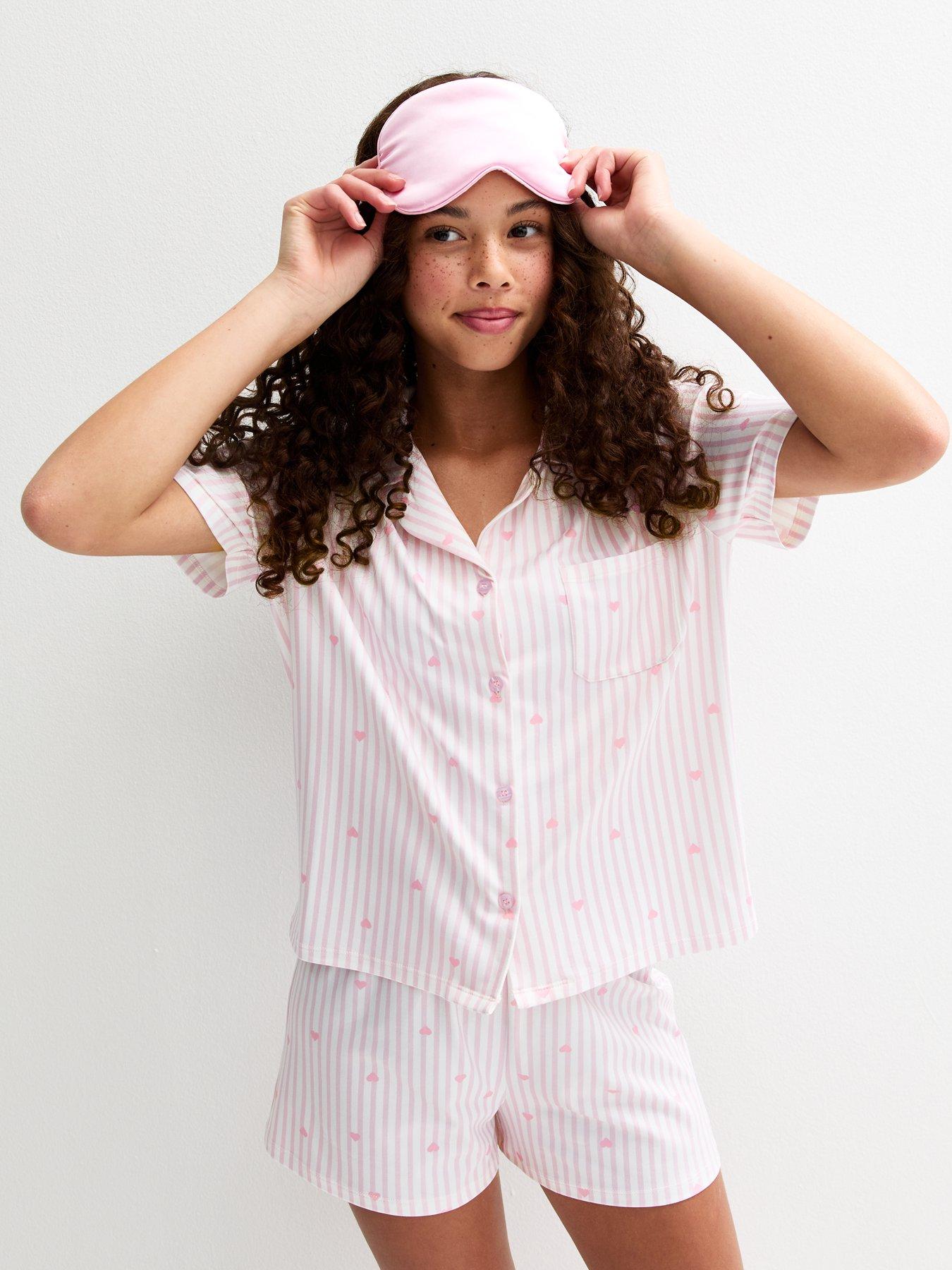 undefined Girls Striped Heart Print Short Pyjama Set - Pink