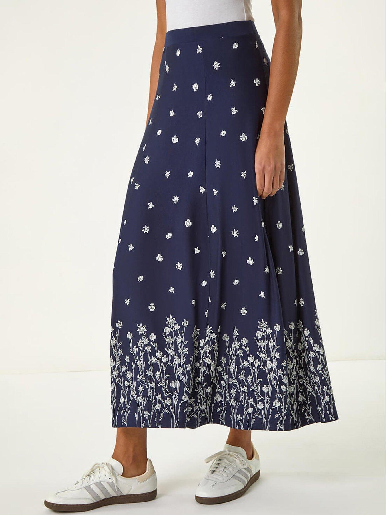 undefined Floral Border Print Stretch Skirt - Navy